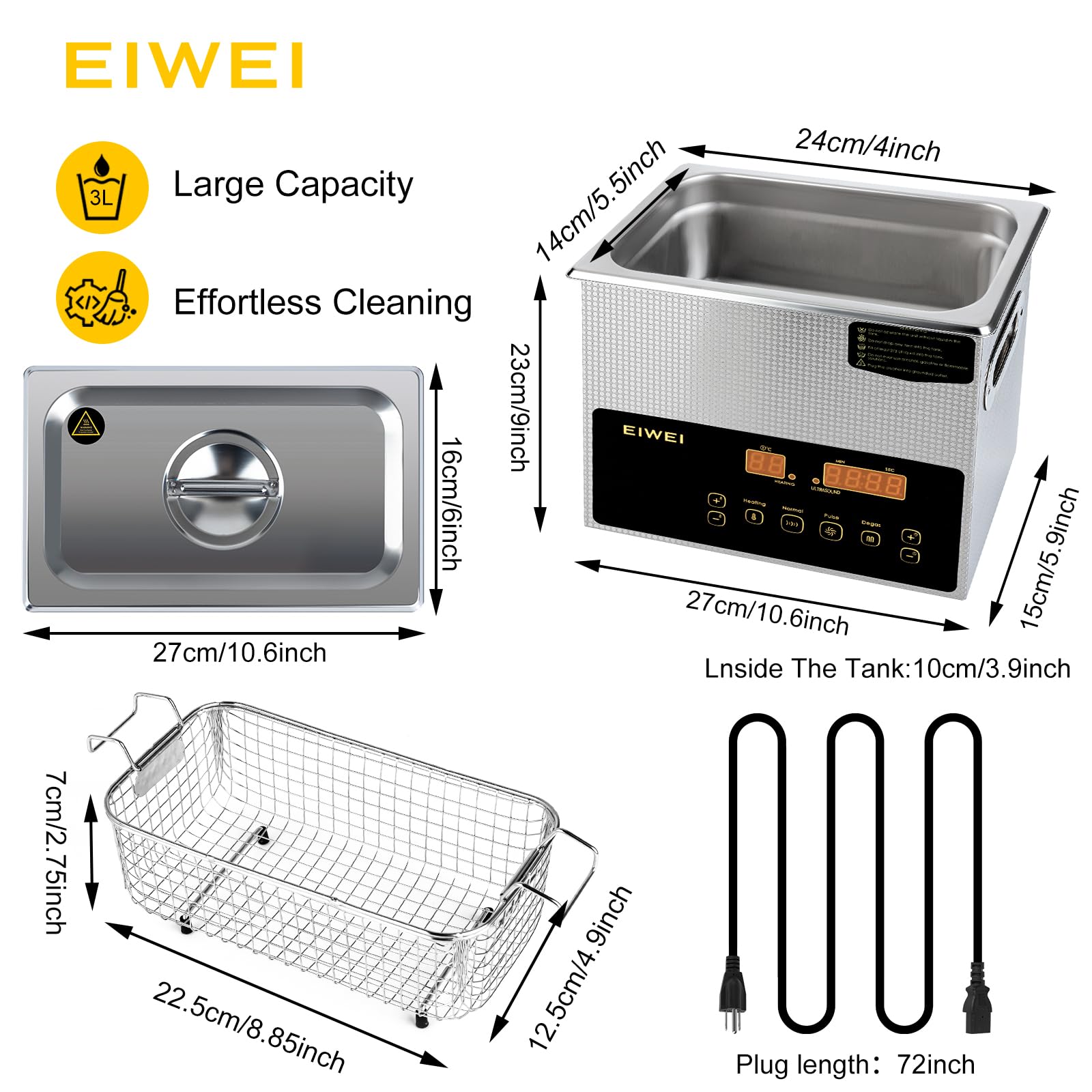 Professional 3L Ultrasonic Cleaner with Heater & Timer - Dual Frequency Digital Stainless Steel Cleaning Machine for Carburetors, Jewelry, Dentures, Glasses & Electronics | Perfect for Home, Lab & Industrial Use