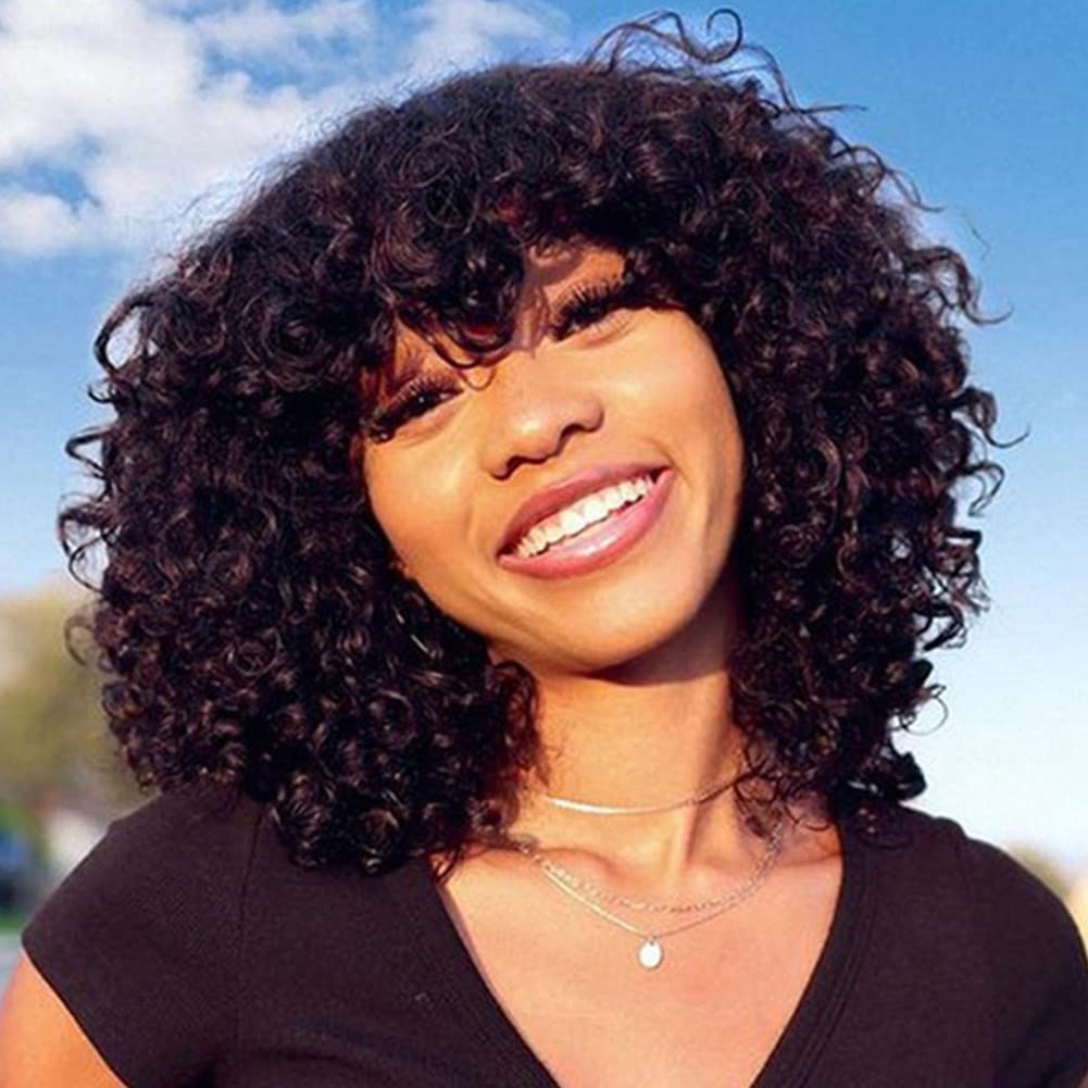 200 Density Machine Made Human Hair Wigs with Bangs - Brazilian Remy Short Curly Wig for Women (20 Inch) - Perfect for Daily Wear, Cosplay & Special Occasions