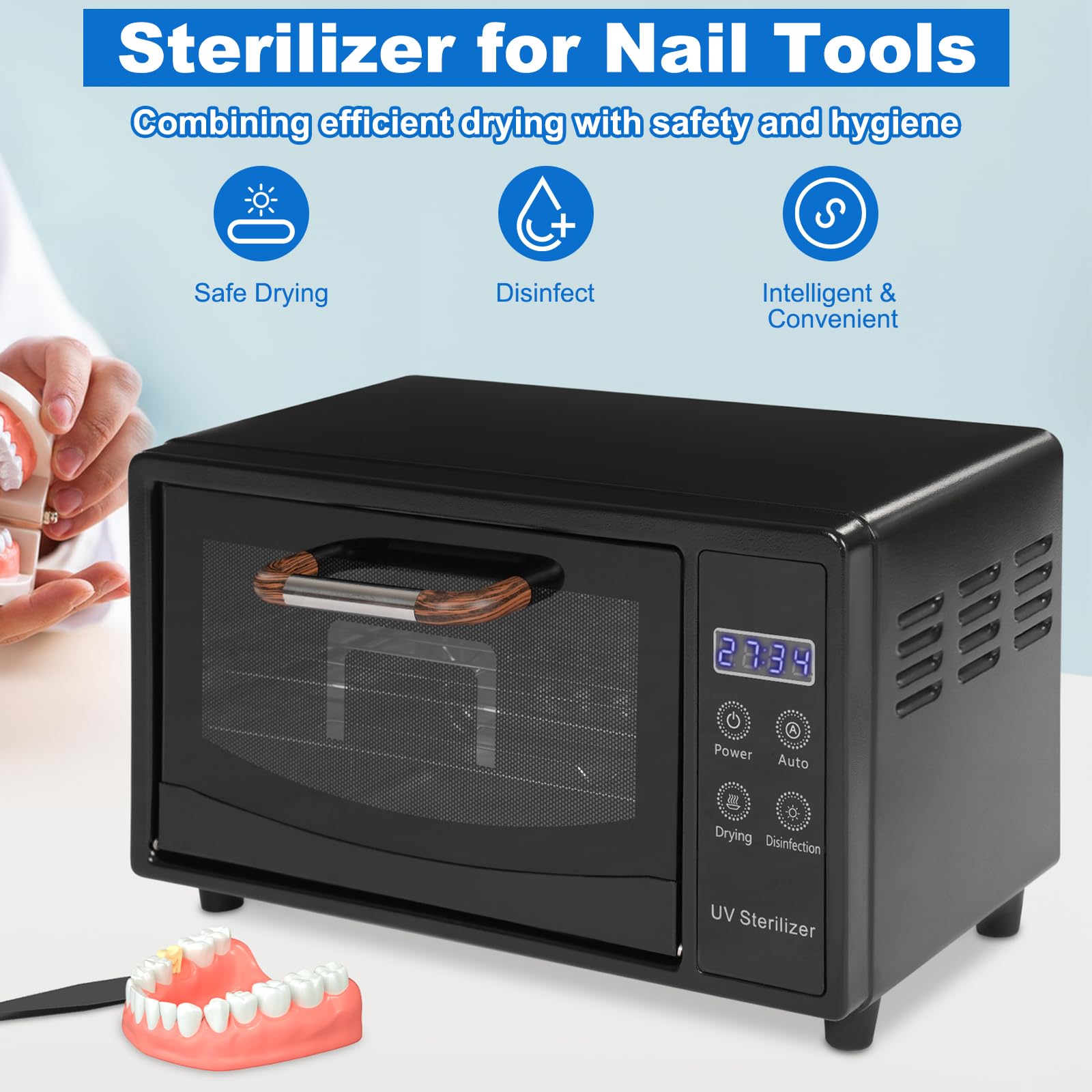 10L UV & Hot Air Nail Tool Sterilizer - 167℉ Adjustable Temperature with LED Display, 3-Tier Design for Salon, Spa & Home Use - Perfect for Sanitizing Nail Files, Clippers & Beauty Tools (Black)