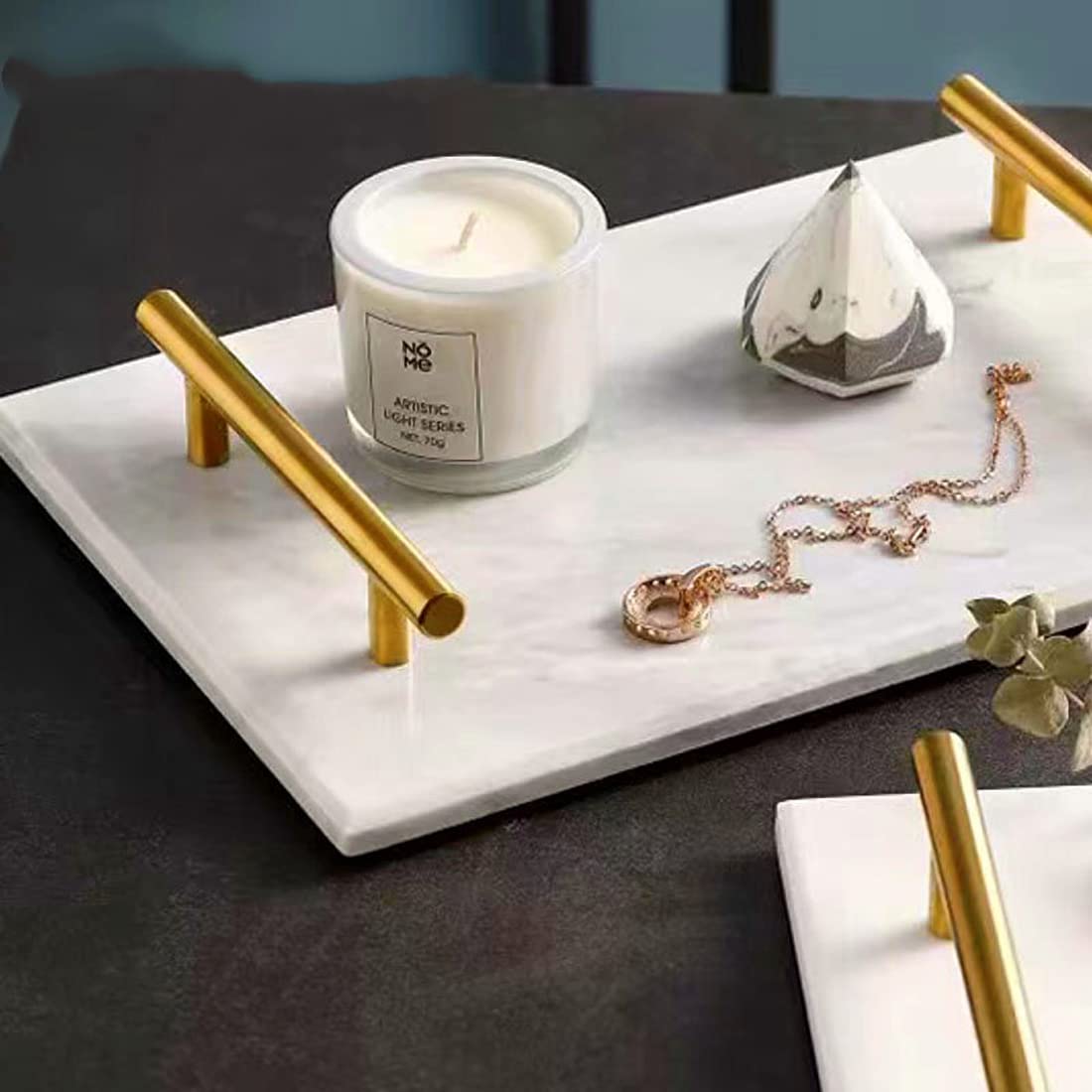 Natural Grey Marble Tray with Gold Metal Handle - 11.8 x 7.9 Inch Decorative Stone Serving Tray for Bathroom, Kitchen, Vanity, Dresser & Nightstand - Perfect for Organizing Jewelry, Cosmetics & Home Decor