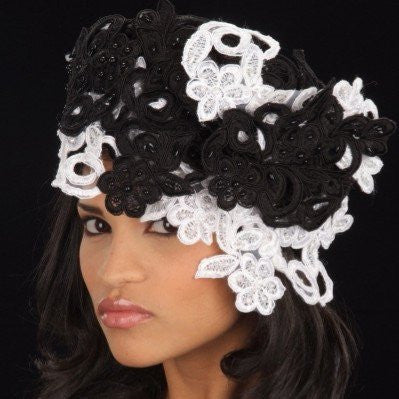 BW2436 Women's Straw Hat with Hand-Beaded Lace - Black & White Summer Beach Hat for Outdoor, Wedding, and Vacation Accessories