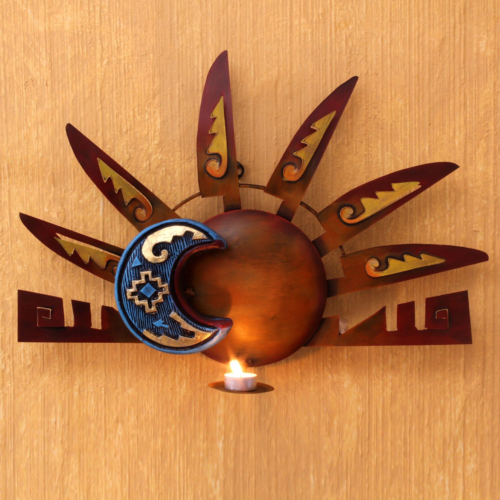 NOVICA Aztec Eclipse Sun and Moon Metal Iron Wall Candle Holder - Brown Handcrafted Home Decor for Living Room, Bedroom, or Outdoor Patio Lighting
