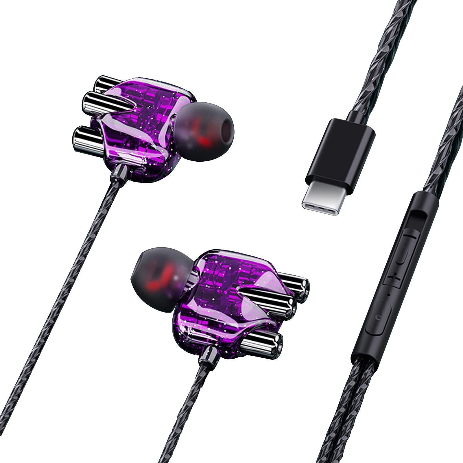 Washranp A6 Type-C Wired Earbuds with Heavy Bass, Ergonomic In-Ear Design, 1.2m Tangle-Free Cable, Wire Control for Calls & Music - Perfect for Jogging, Workouts & Commuting (Purple)