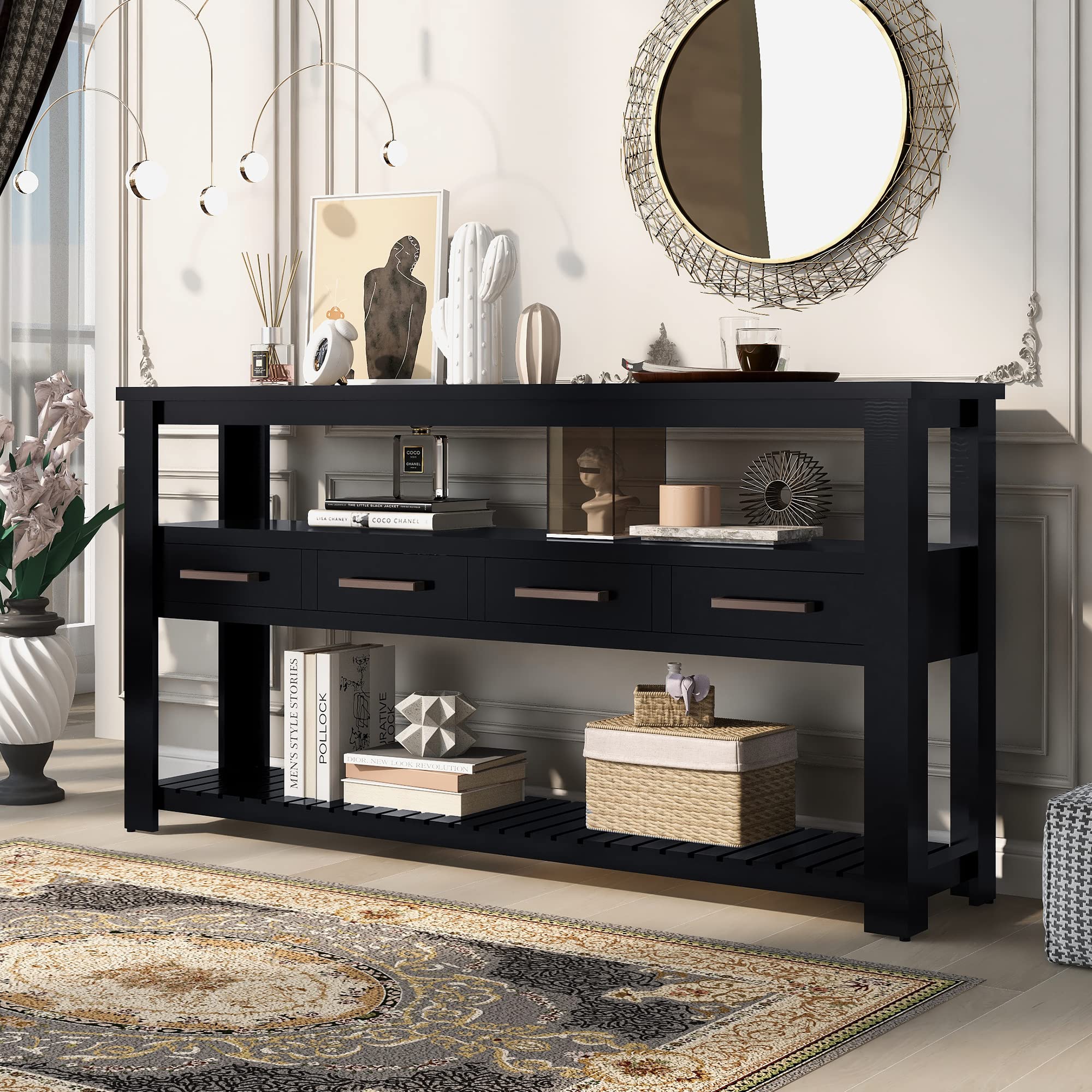 Merax Retro Style Entryway Console Table with 4 Drawers & 2 Shelves - Sofa Table for Living Room, Hallway & Corridor - Perfect for Small Space Organization & Home Décor (Black)