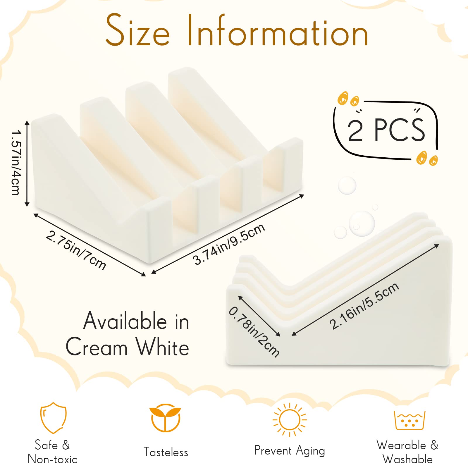 Cunhill 2-Pack Self-Draining Silicone Soap Dish Holder - Waterfall Design Soap Tray with Drain Holes for Kitchen & Bathroom - Cream White - Perfect for Shower, Sink Countertop, and Vanity Organizer