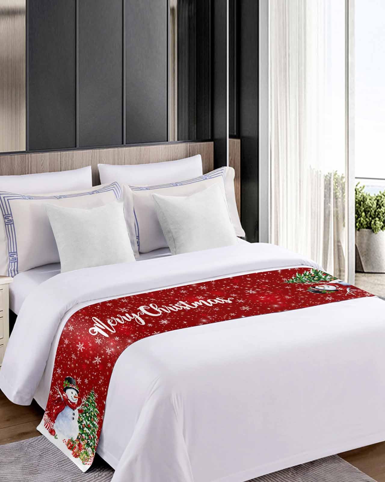 Snowman Red Christmas Bed Runner for Queen Size Bed - Festive Holiday Bed Throw with Xmas Tree Balls & Snowflake Design - Perfect for Bedroom Decor, Sofa Cover, and Foot of Bed Protection During Winter Celebrations