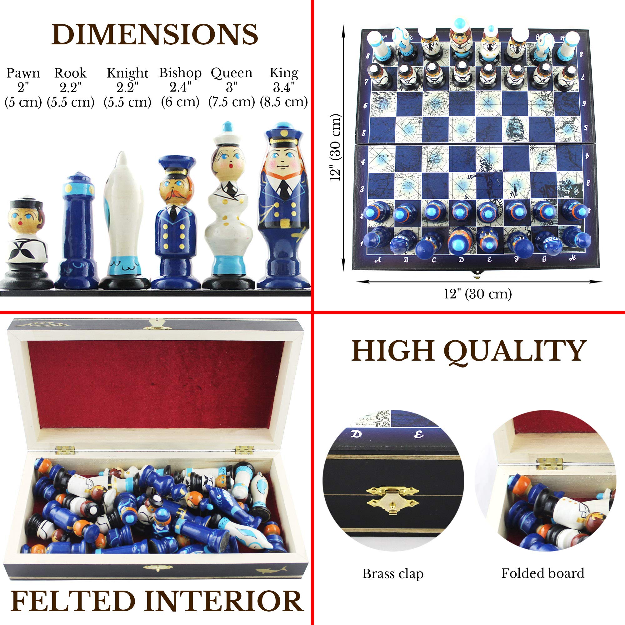 Handmade Nautical Themed Chess Set - Wooden Russian Doll Sailor Chess Pieces - Beach & Sailboat Decor - Perfect Gift for Boaters & Navy Enthusiasts | Ideal for Home Decor, Game Nights & Maritime-Themed Parties