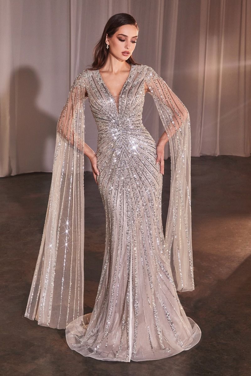 Berna Long Sleeve Fully Beaded Sheath Gown - Elegant Evening Dress for Women | LaDivine CD0239 | Perfect for Weddings, Galas, Prom and Special Occasions