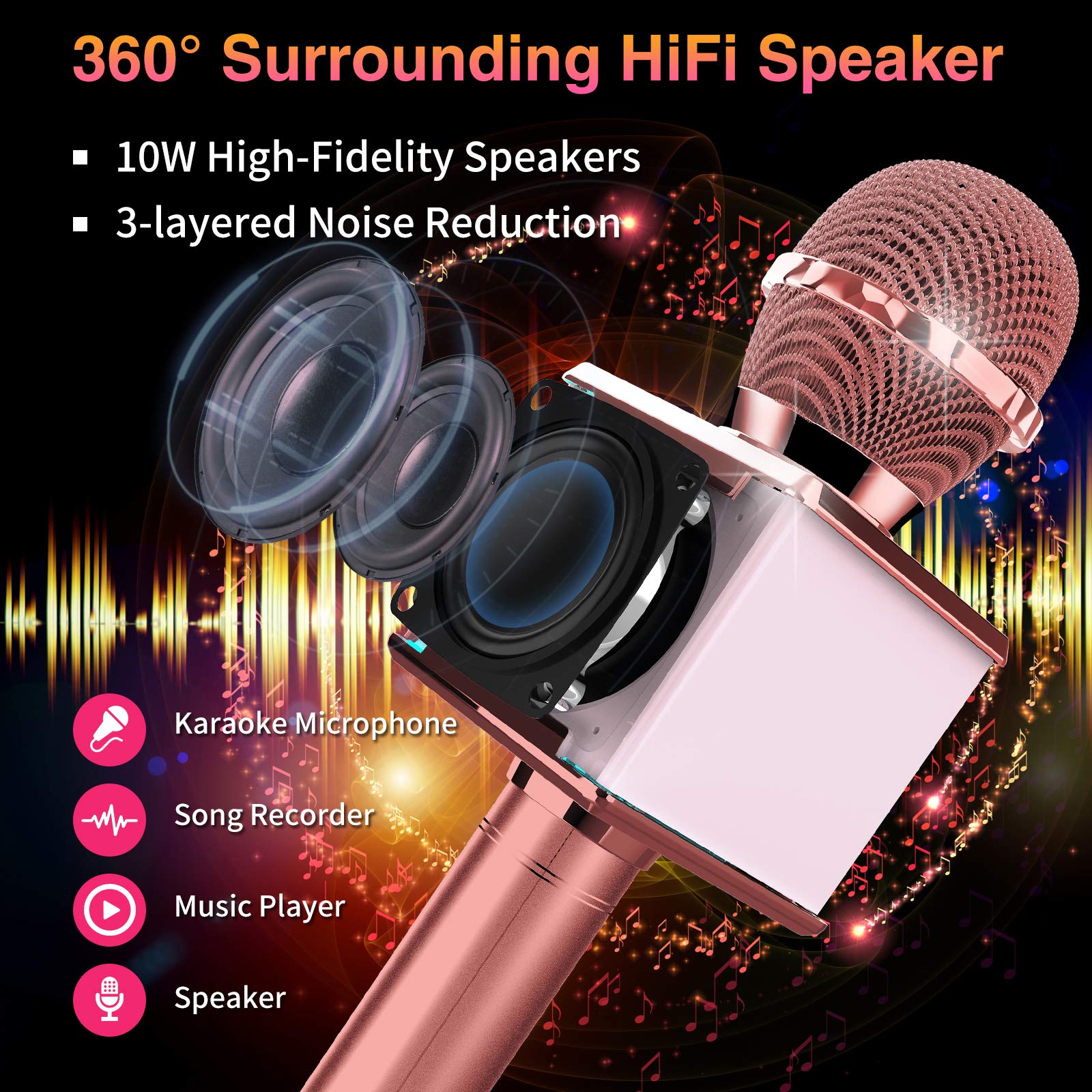 10W High-Fidelity Wireless Bluetooth Karaoke Microphone with Multicolor LED Light - 4-in-1 Portable Speaker for Kids Singing, Parties & Music - Compatible with Android/iOS/PC/AUX - Perfect for Home Karaoke, Birthday Parties & Family Gatherings