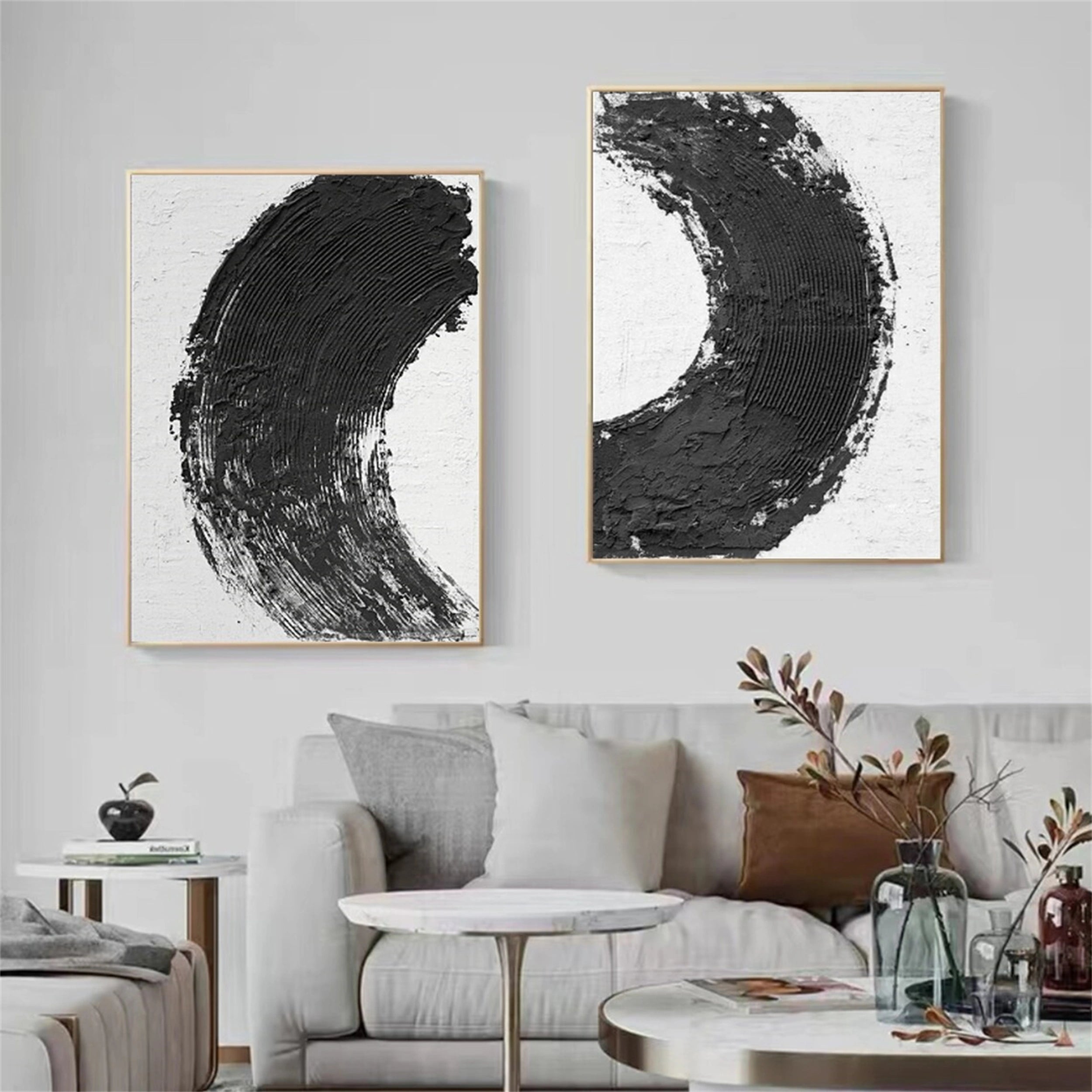 Modern Black and White Textured Minimalist Wall Art Set of 2 - Abstract Canvas Paintings for Living Room, Bedroom & Office Decor | #MZ070