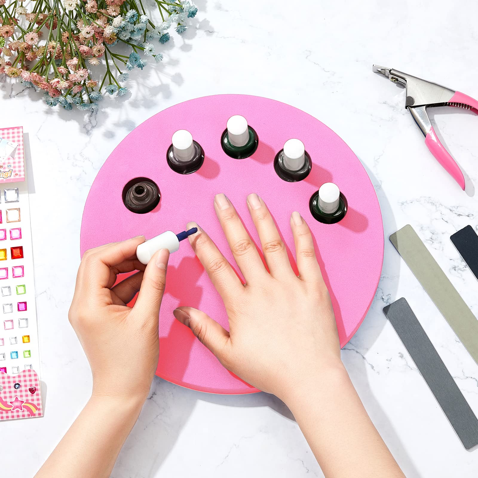 Weysat 2-in-1 Anti-Spill Nail Polish Holder Stand & Organizer - Pink Manicure Hand Rest Work Station for Professional Nail Art, DIY Home Salon, and Spa Pedicure Accessories