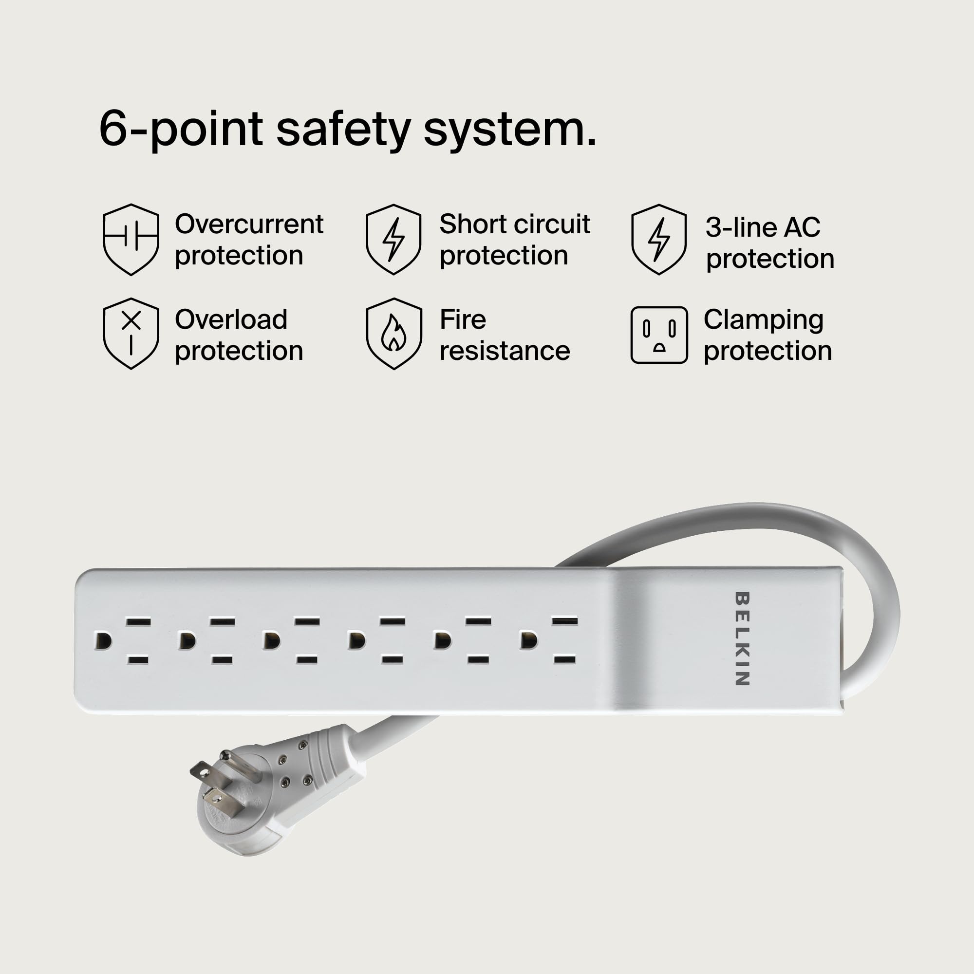 Belkin 6-Outlet Surge Protector Power Strip with Flat Rotating Plug, 6ft Cord - 1080 Joules Protection for Home Office, Gaming Setup & Small Appliances - White (6-Pack) - Perfect for Workstations, Entertainment Centers & Travel Use