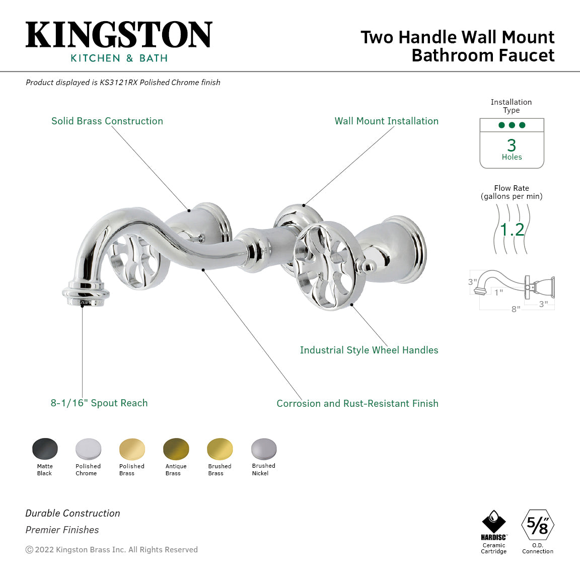 Belknap KS3123RX Double Handle 3 Hole Wall Mount Bathroom Faucet in Antique Brass - Perfect for Vintage Style Bathrooms and Powder Rooms