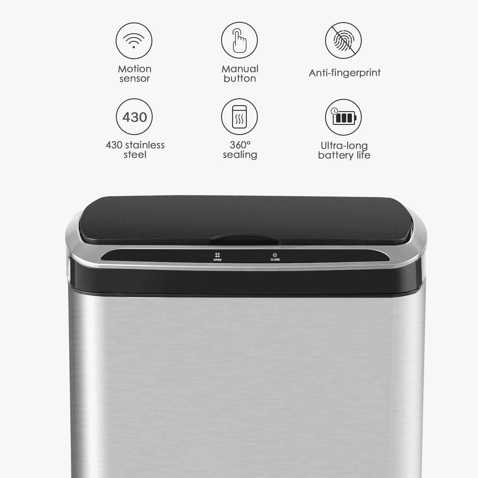 ELPHECO 13.2 Gallon Automatic Motion Sensor Trash Can - Brushed Stainless Steel Rectangular Kitchen Waste Bin with Hands-Free Operation for Home, Office & Living Room (Batteries Not Included) | Ideal for Hygienic Waste Disposal & Modern Spaces