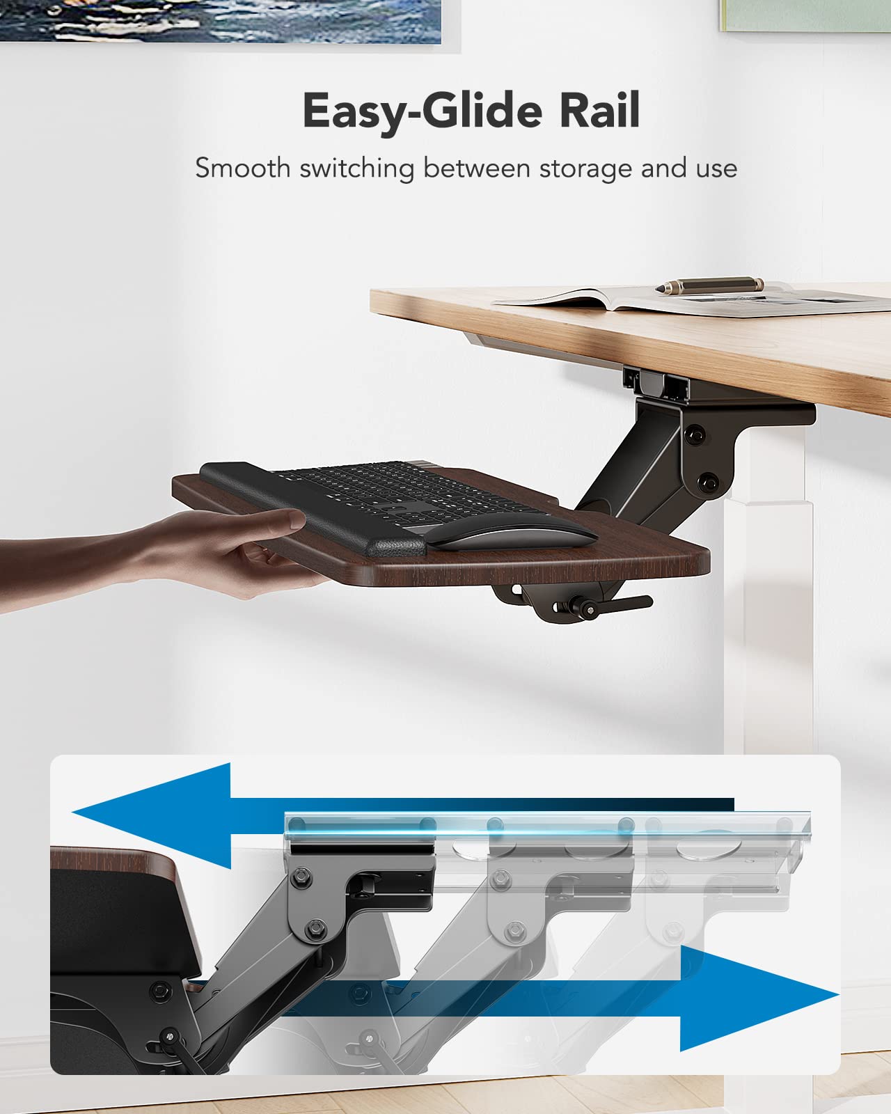 HUANUO Under Desk Keyboard Tray - 360° Adjustable Ergonomic Sliding Keyboard & Mouse Tray with 25