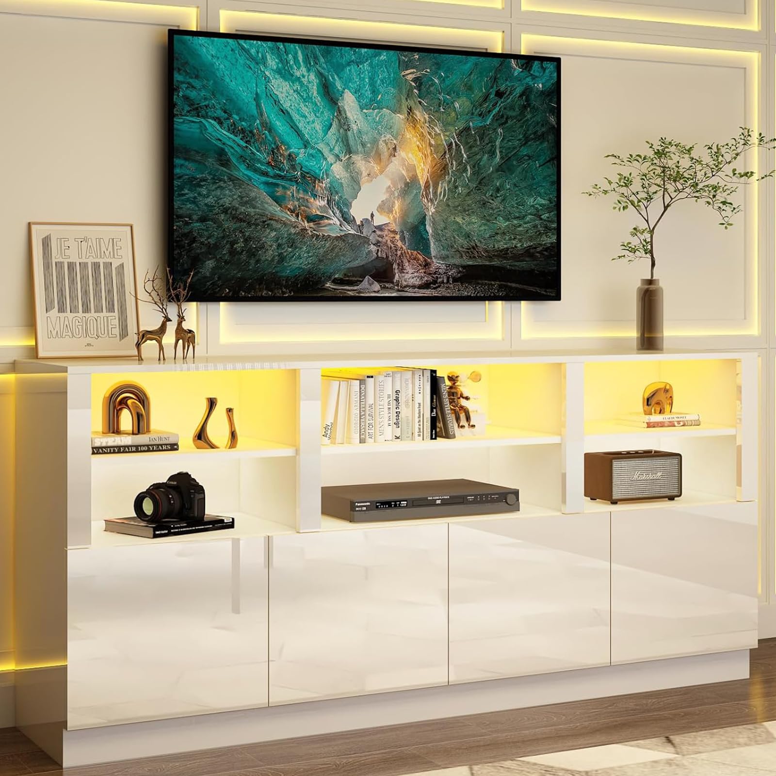 Modern White TV Stand for 65/75/80/85 Inch TVs with RGB LED Lights - 32