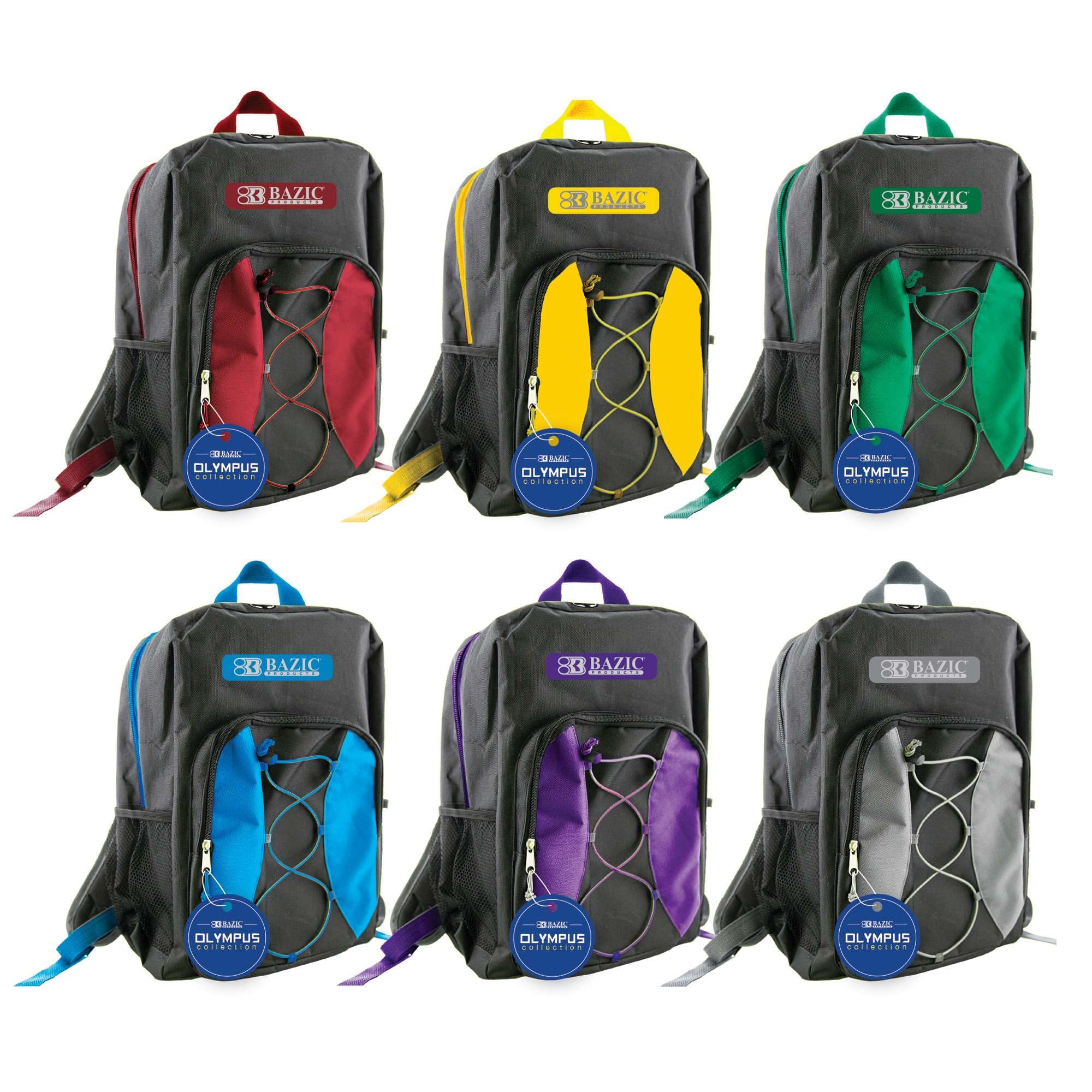 BAZIC 17 Inch Lightweight School Backpack with Padded Back & Adjustable Straps - 6 Pack Multi-Colored Backpacks for Students, USB Charging Port & Headphone Jack - Perfect for School, College, Travel & Daily Commute