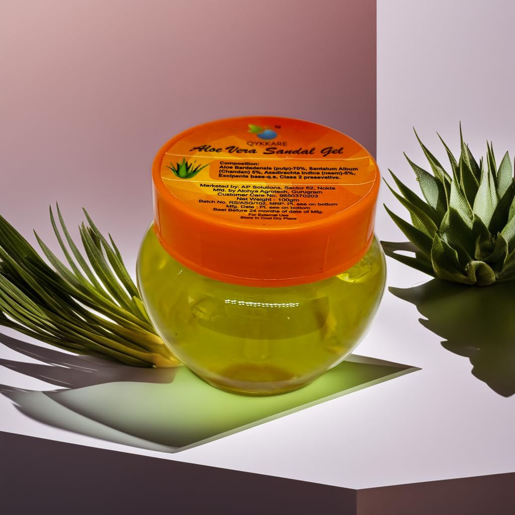 QYKKARE Aloe Vera Sandal Gel - 200gm (100gm X 2) - Soothing Moisturizer for Sunburn, Dry Skin & Hair Care - Perfect for After Sun, Daily Hydration & Scalp Treatment