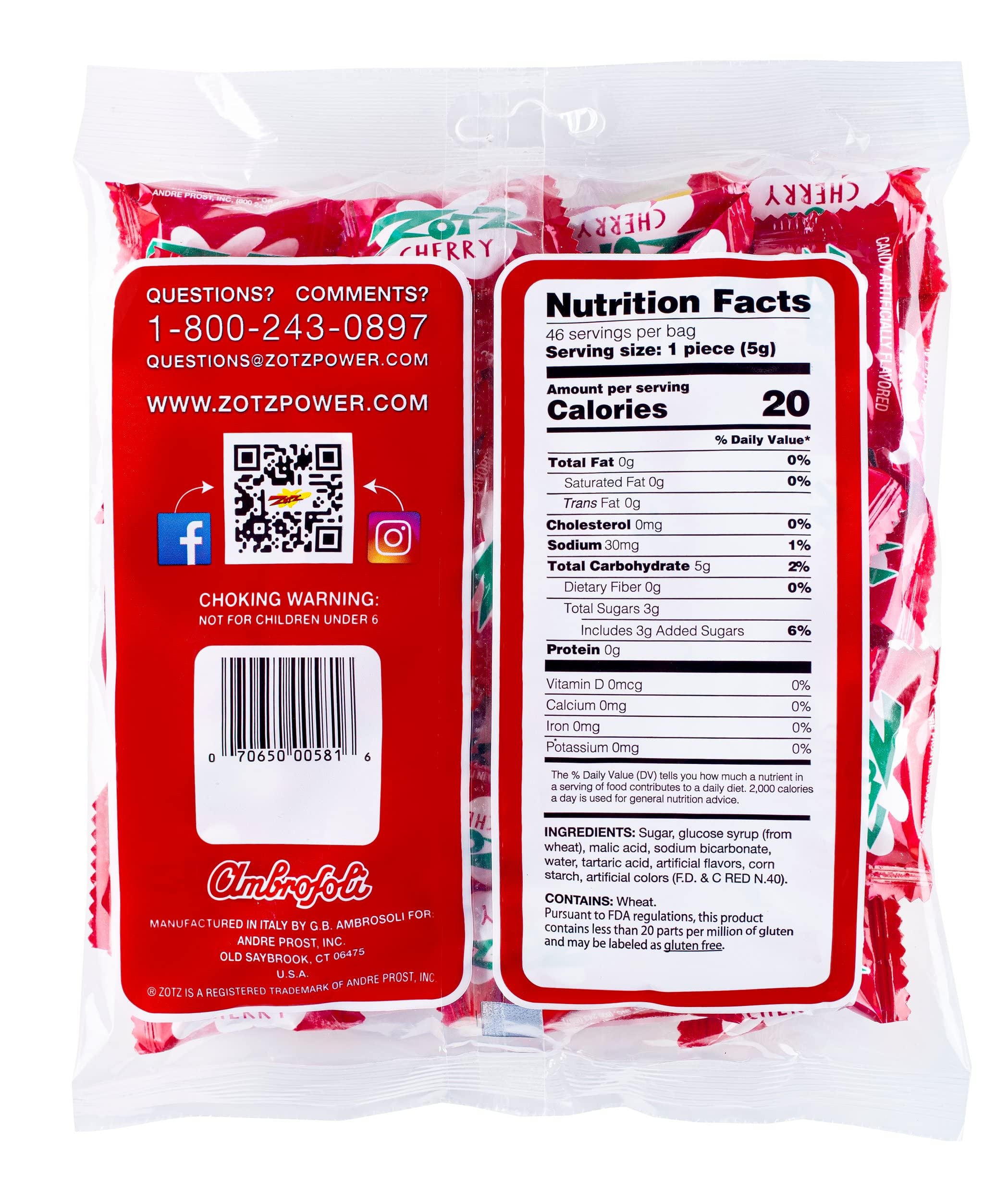 Zotz Fizzy Old Fashioned Hard Candy - Assorted Fruit Flavors with Cherry, Individually Wrapped Gluten-Free Italian Candy (46-Piece Bag) - Perfect for Parties, Gifts & Nostalgic Treats