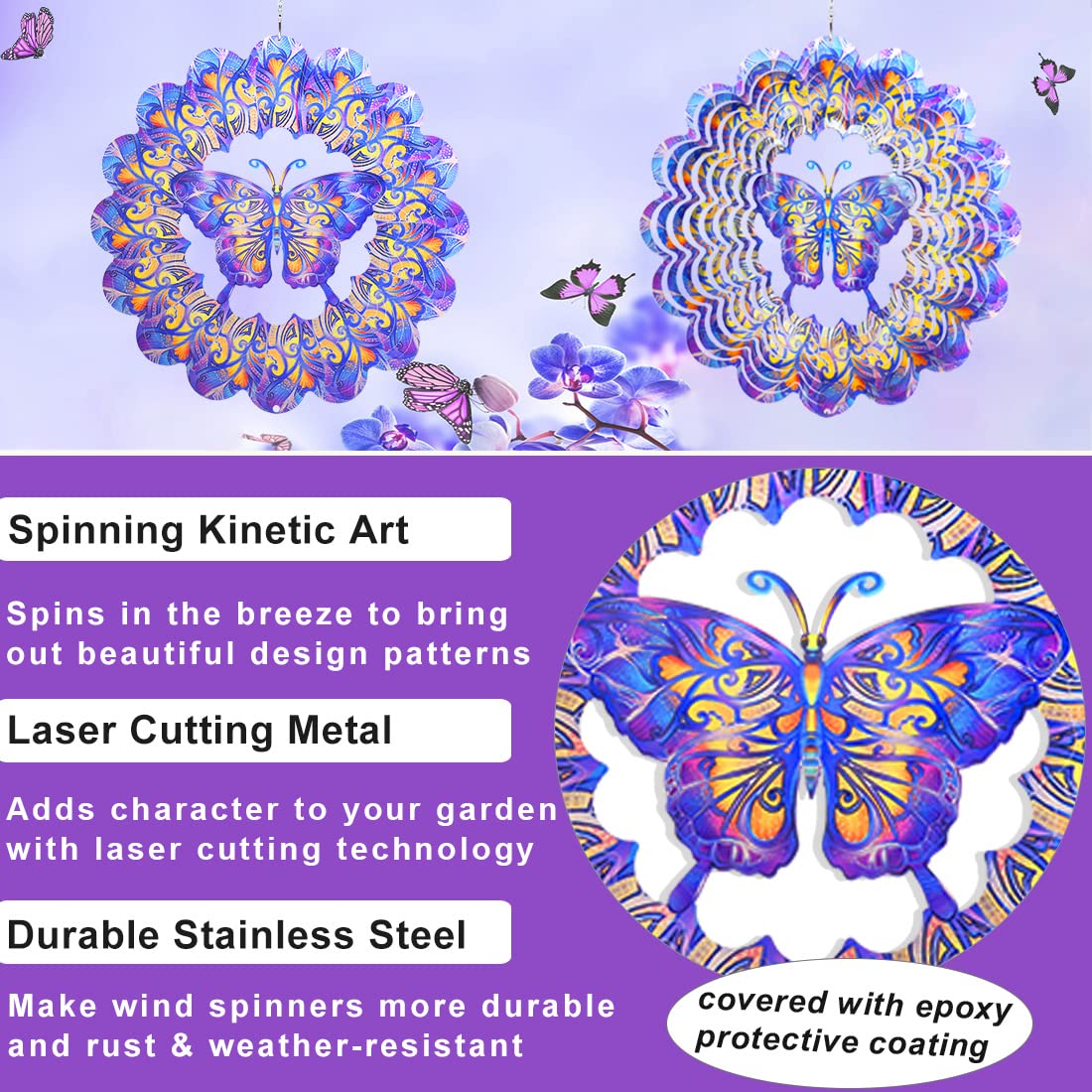 3D Butterfly Wind Spinner - 12 Inch Purple Metal Outdoor Decor for Yard & Garden | Hanging Wind Sculpture Art | Patio, Lawn & Backyard Decoration | Unique Spinifity Designs Gift Idea
