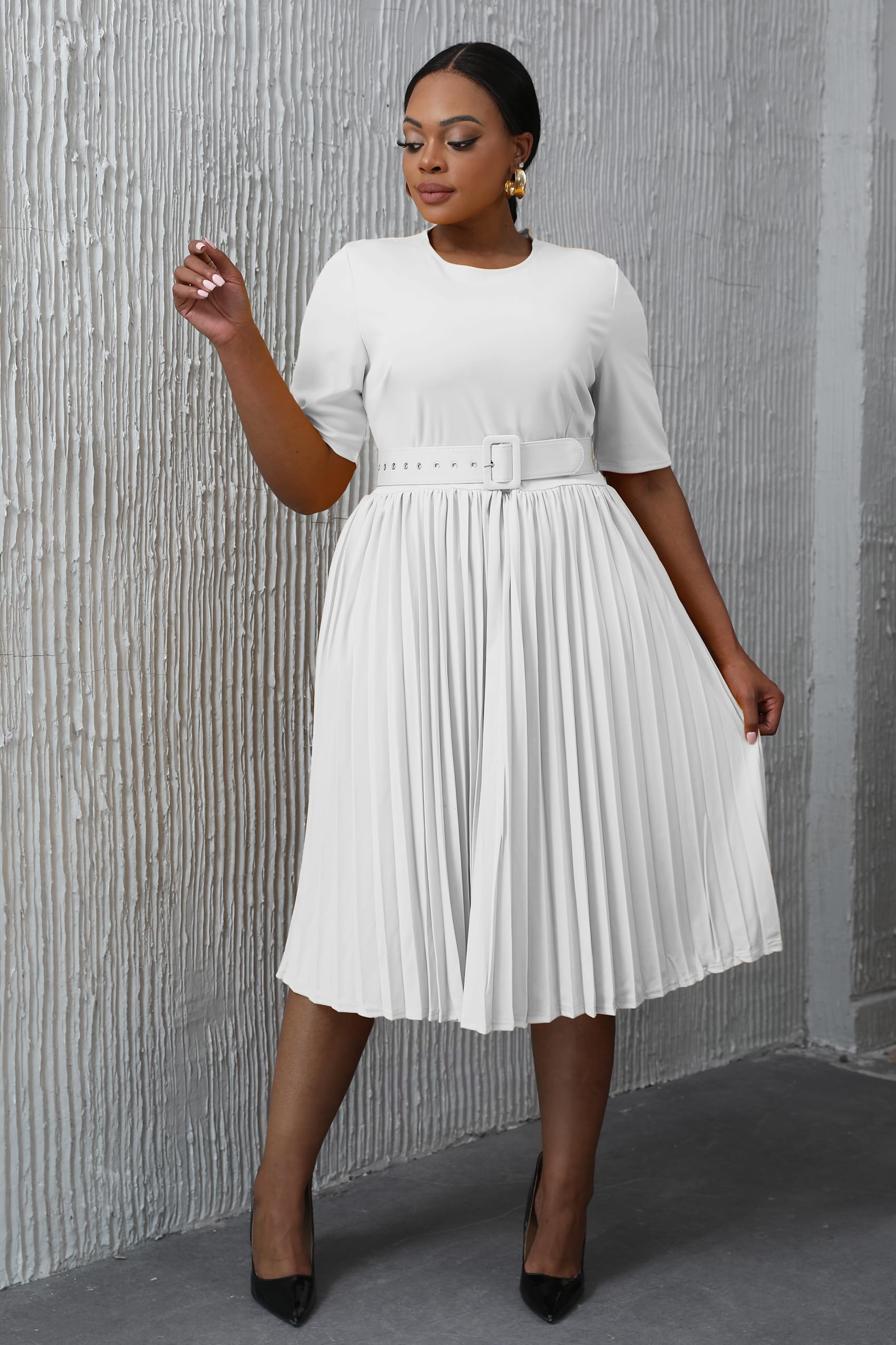 VERWIN Plus Size Women's Short Sleeve A-Line Midi Dress with Round Neck & Belt - Flattering Pleated Casual Summer Dress for Work, Party & Everyday Wear