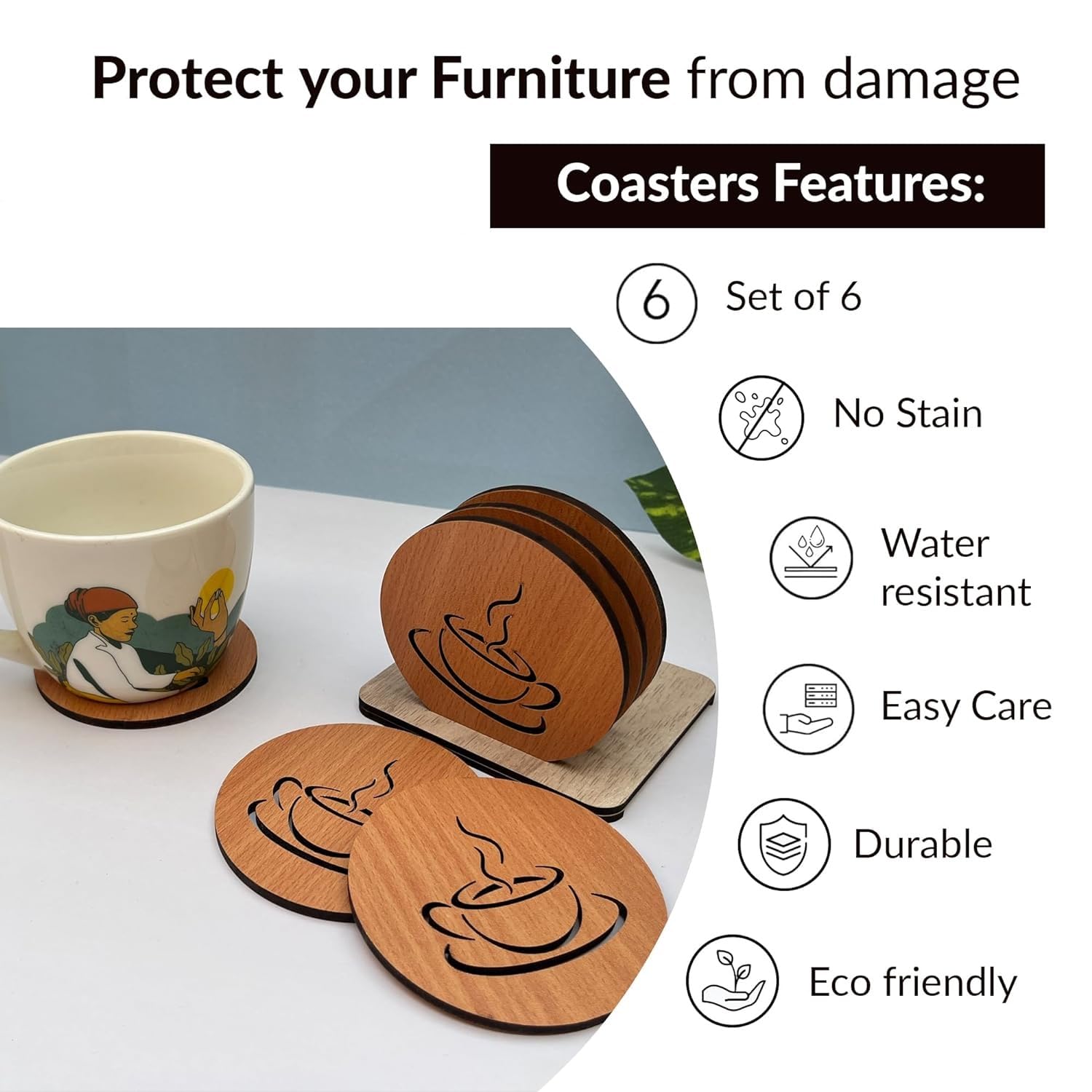 Handmade Wooden Carved Coaster Set of 6 with Decorative Holder - Natural Tabletop Drink Coasters for Tea, Coffee, Mugs & Beer Glasses - Perfect for Home Bar, Office Desk & Dining Table Decor