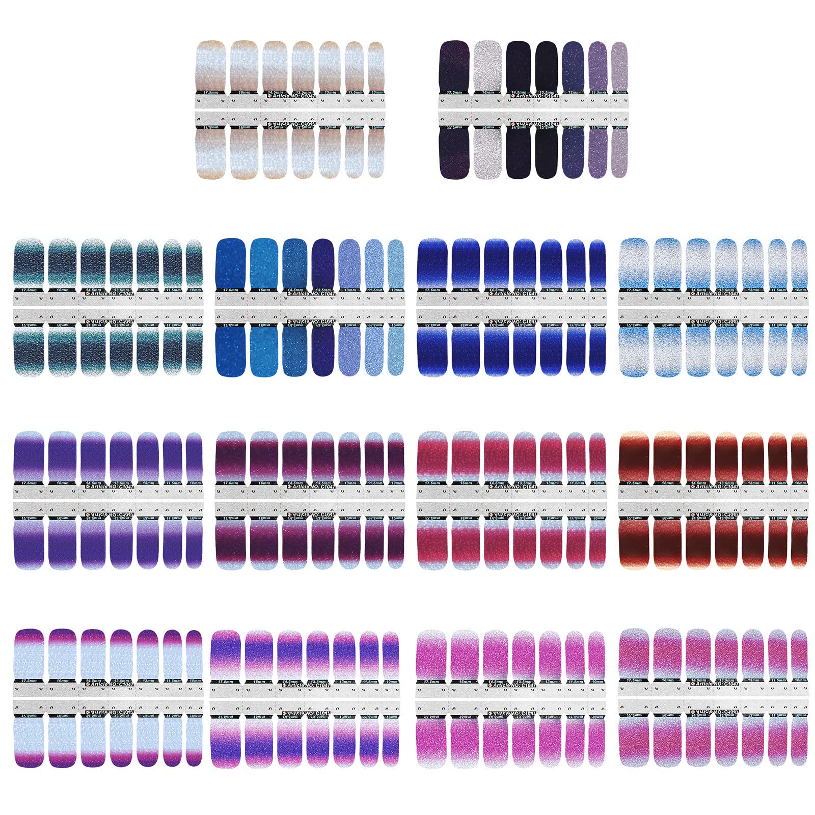 Glitter Gradient Color Self-Adhesive Nail Stickers - 14 Sheets Full Wraps Polish Decal Strips for Nail Art | Perfect for Parties, Weddings, and DIY Manicures at Home