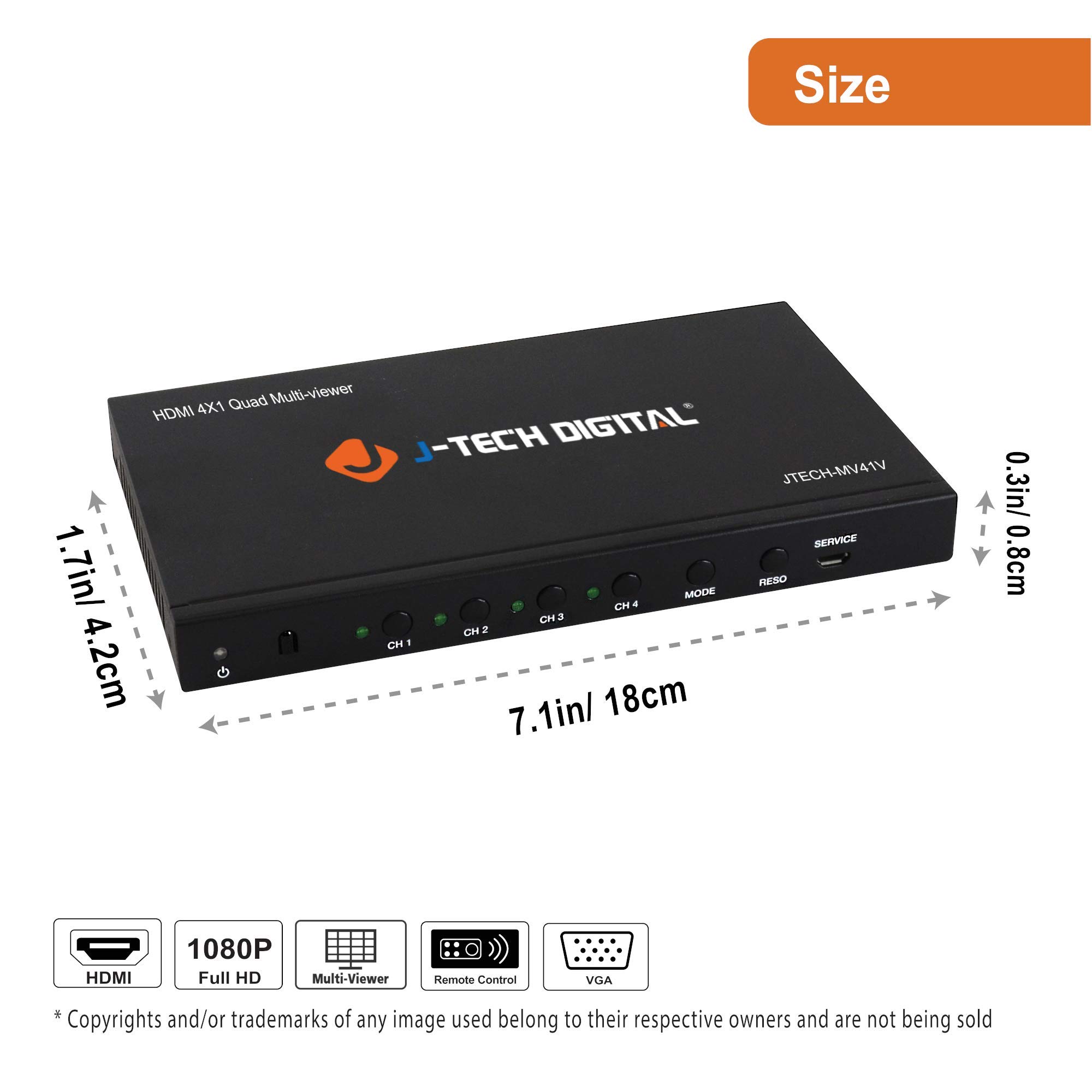 J-Tech Digital HDMI 4x1 Multi-Viewer Quad Splitter - 1080p Seamless Switch with 5 Display Modes & VGA Loop Out [JTECH-MV41V] - Perfect for Home Theater, Gaming, and Conference Room Setups