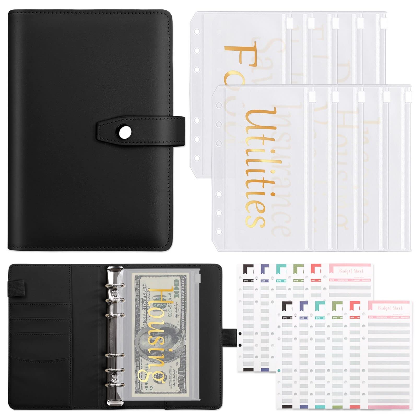 Zuozee Budget Binder with Zipper Envelopes - Money Organizer for Cash, 10Pcs Cash Envelopes & 12Pcs Budgeting Sheets for A6 Binder - Perfect for Personal Finance, Cash Envelope System, and Money Saving at Home or Office