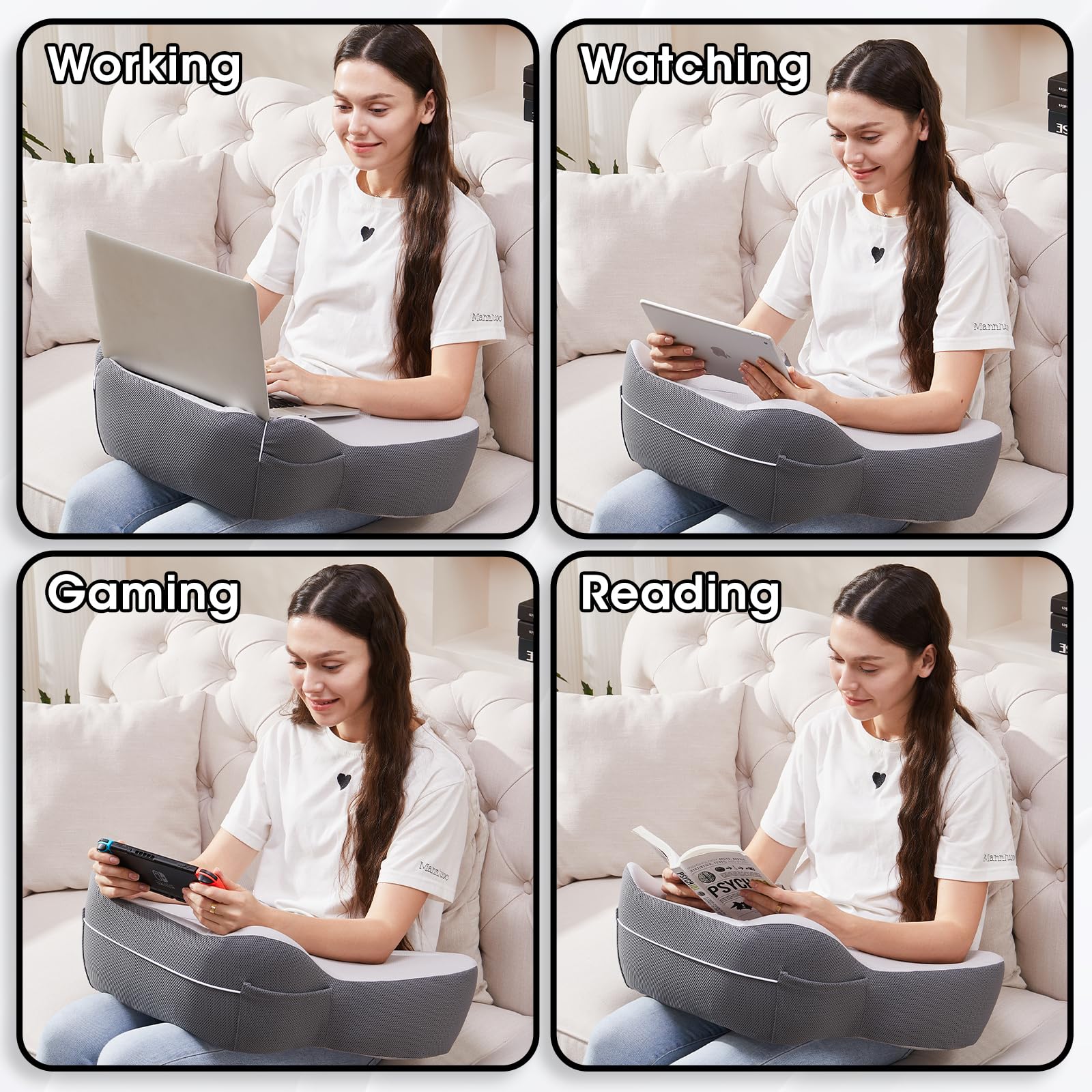 Portable Lap Desk with Cushion - Lightweight Laptop Pillow Stand for Work, Gaming & Study - Perfect for Bed, Couch, Car & Travel - Ergonomic Design (White & Gray)