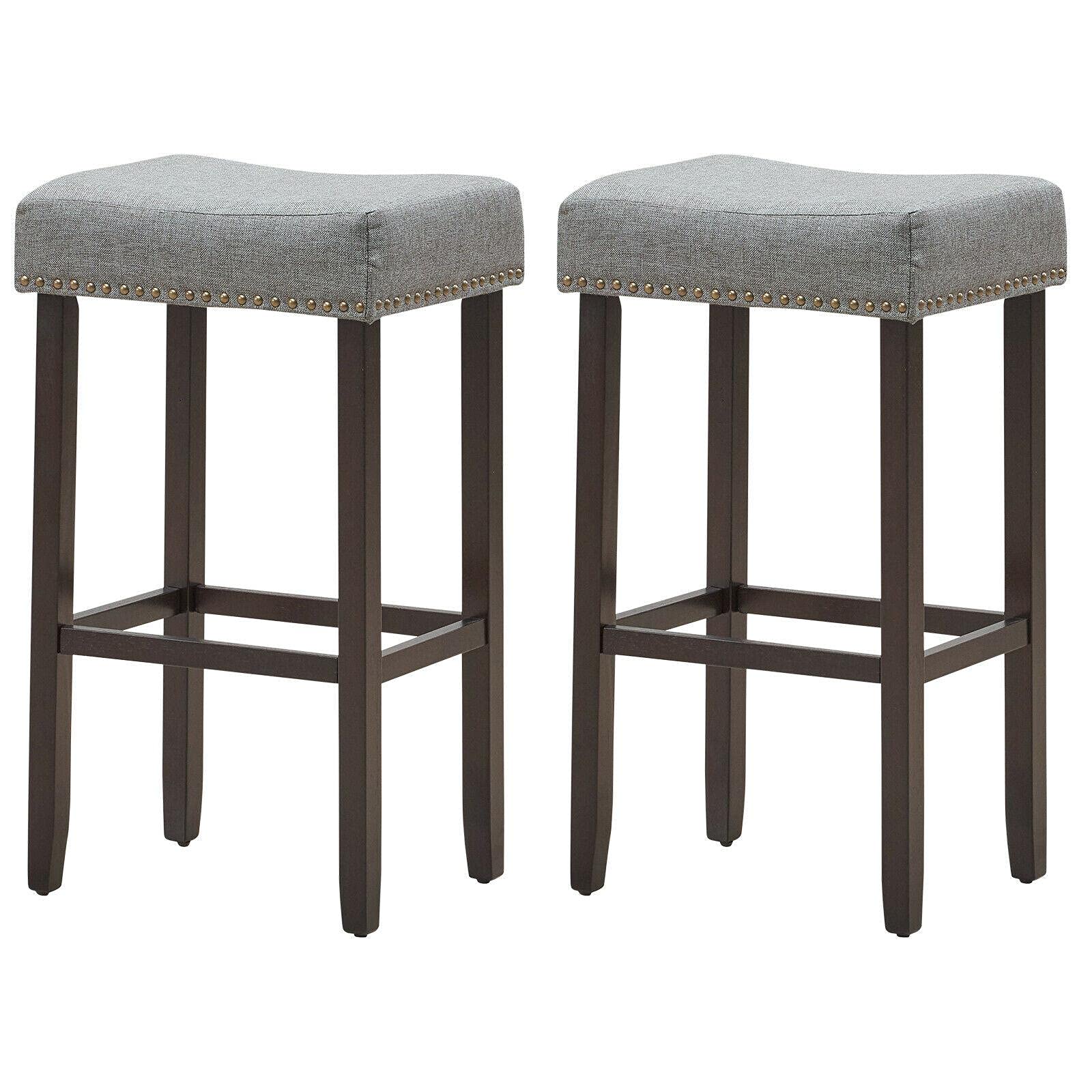 HilariousM Set of 2 Gray Fabric Bar Stools with Wooden Legs - 29