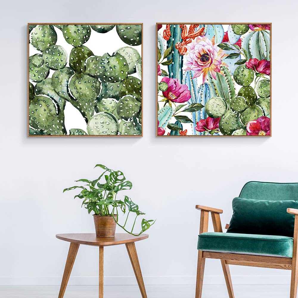 Floating Framed Canvas Wall Art - Green Plant & Cactus Prints for Living Room & Bedroom Decor - 16x16 Inch Set of 2 Panels - Ready to Hang Home Decoration - Perfect for Modern Interior Design & Housewarming Gifts