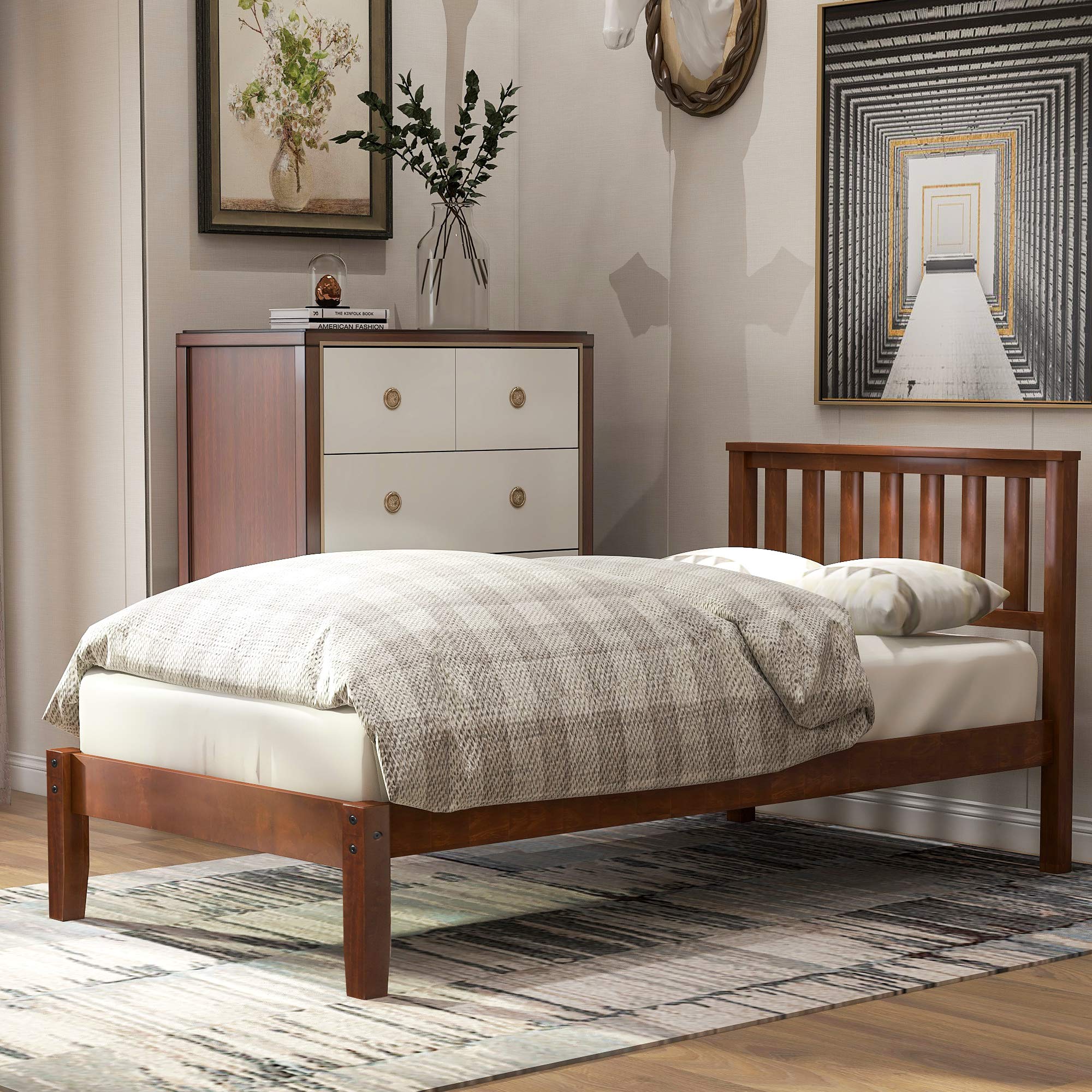 SIYAHOME Twin Size Wood Platform Bed with Headboard & Footboard - Solid Walnut Sleigh Bed Frame, Mattress Foundation with Wood Slat Support, Easy Assembly for Kids & Teens Bedroom - Perfect for Small Spaces, Dorm Rooms & Guest Bedrooms