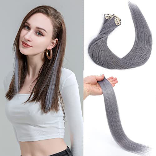 Silver Grey Clip In Hair Extensions 18 Inch - 100% Real Human Remy Hair - 6 Piece Straight Hairpieces for Women & Girls - Perfect for Parties, Weddings & Everyday Styling