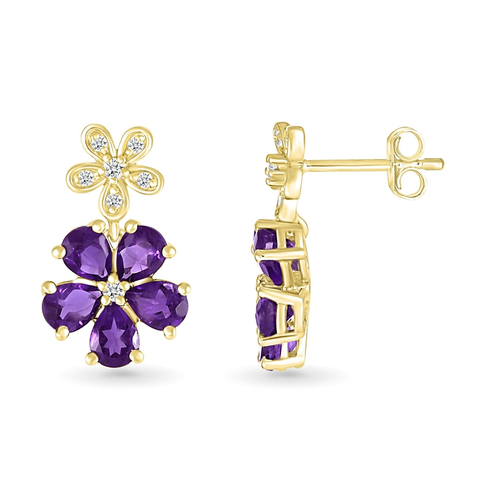 10k Yellow Gold Amethyst & White Sapphire Double Flower Drop Stud Earrings for Women – Elegant Jewelry Gift for Birthday, Anniversary & Special Occasions