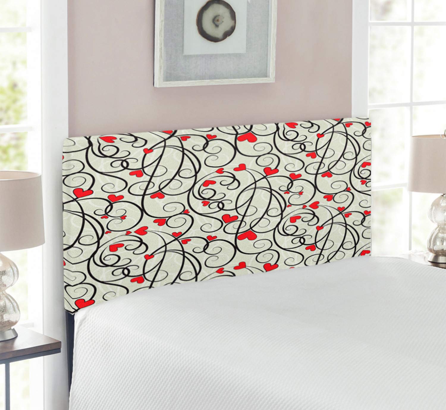 Ambesonne Love Headboard - Wave Floral Heart Summer Swirl Design with Memory Foam, Upholstered Decorative Metal Bed Frame for Twin Size Bed in Eggshell Vermilion Black | Perfect for Bedroom Decor, Guest Rooms & Cozy Home Makeovers