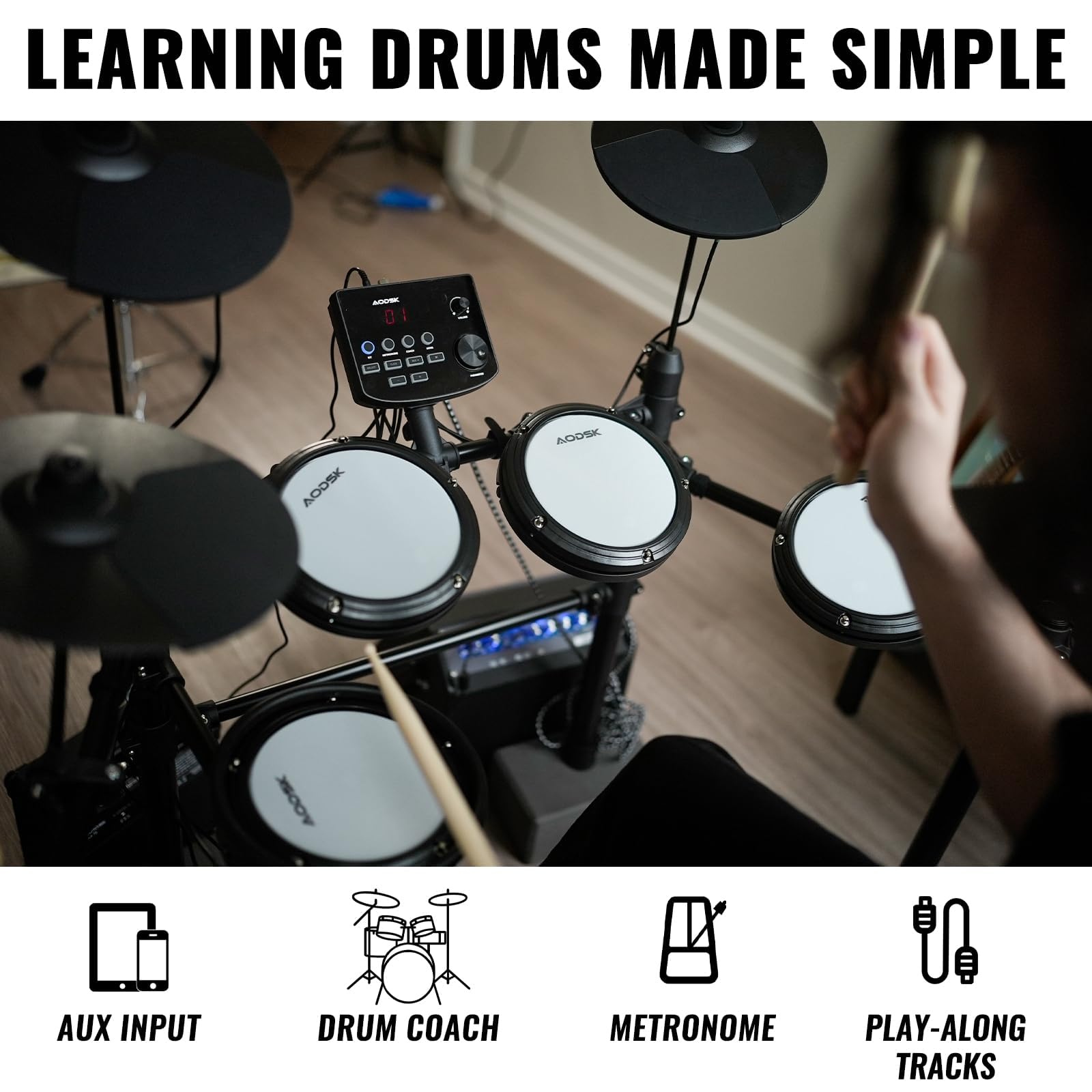 AODSK AED-403 Electric Drum Set with Quiet Mesh Pads - Best Electronic Drum Kit for Beginners & Teens - USB MIDI Connectivity, Includes Throne, Headphones & Drum Sticks - 15 Drum Kits & 195 Sounds - Perfect for Home Practice, Music Learning & Silent Jamming - Great for Bedroom Studios, Small Spaces & Apartment Living