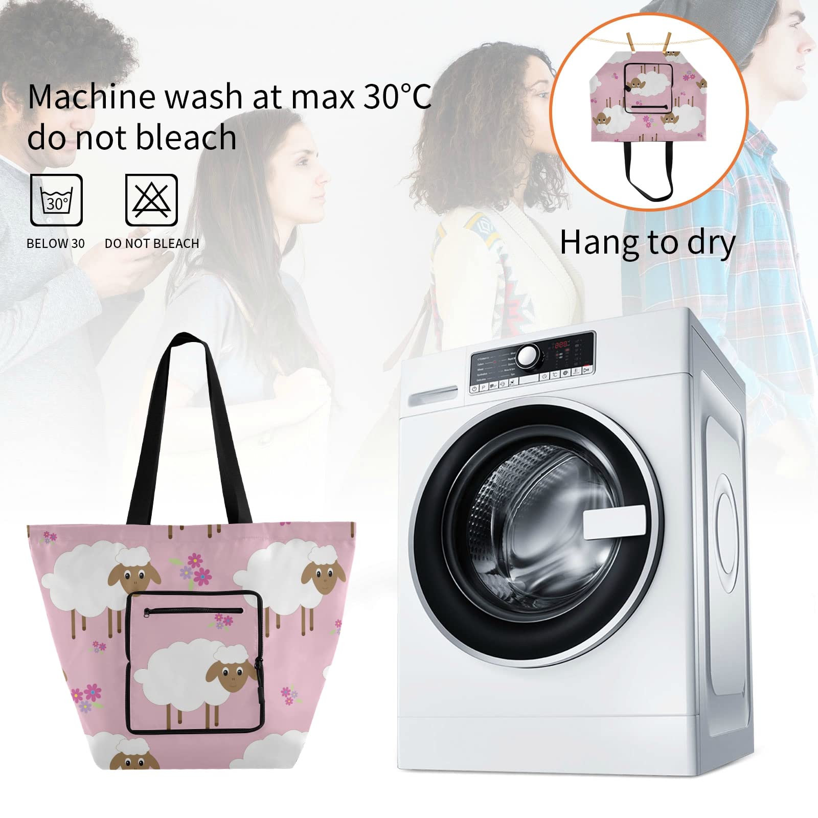 ALAZA Cute Sheep Print Large Pink Tote Bag - Reusable Foldable Grocery Shopping Bag with Handles for Women, Lightweight Shoulder Bag for Outdoor Picnic, Travel, Beach & Daily Use