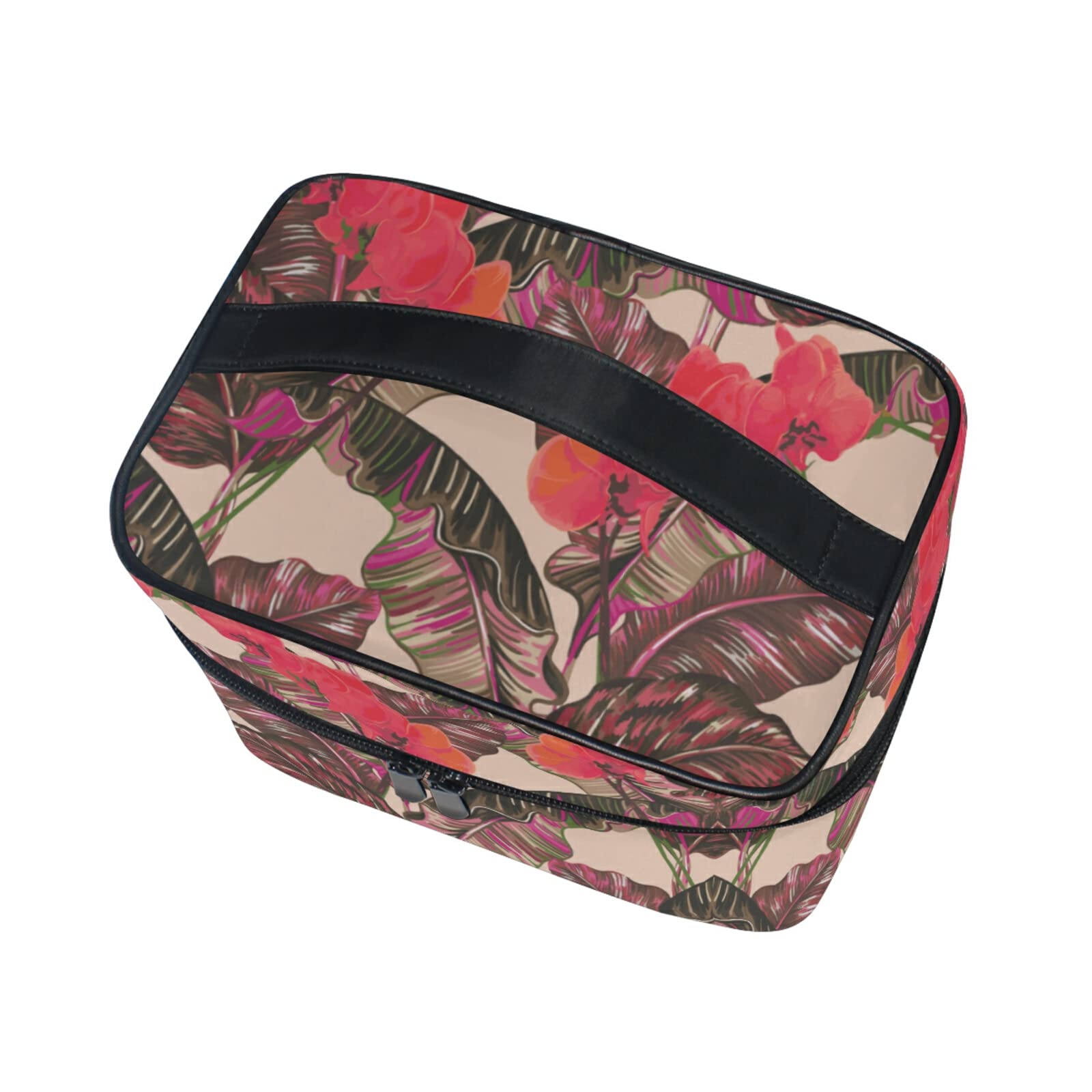 Pink Leaf Floral Cosmetic Bag for Women - Waterproof Makeup Organizer with Zipper - Perfect for Travel, Gym, and Daily Essentials Storage