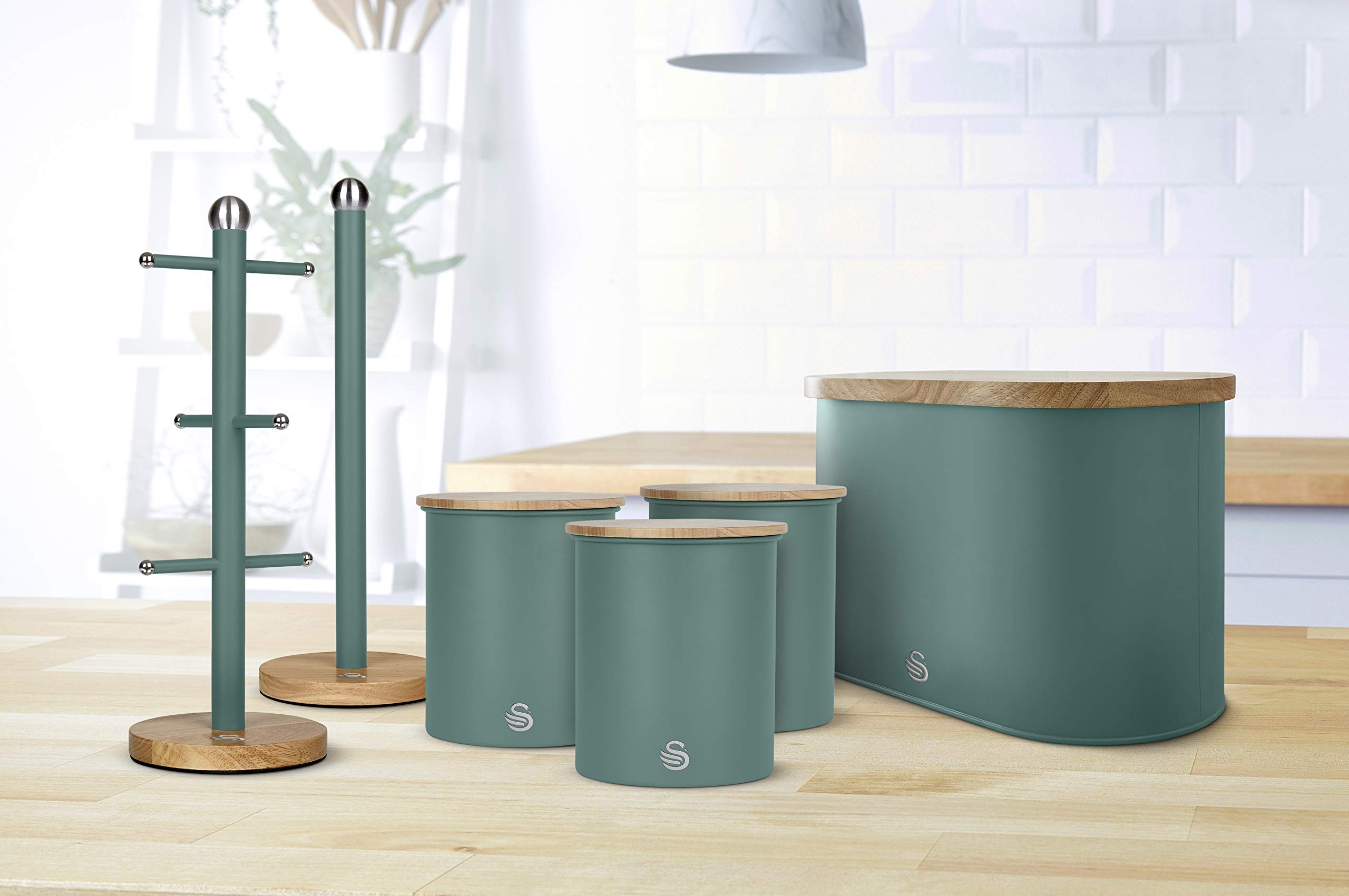 Nordic Scandi Bread Bin with Bamboo Cutting Board Lid - Swan SWKA17512GREN | Pine Green Steel Bread Storage Box | Perfect for Kitchen Countertop, Pantry Organization & Rustic Home Decor