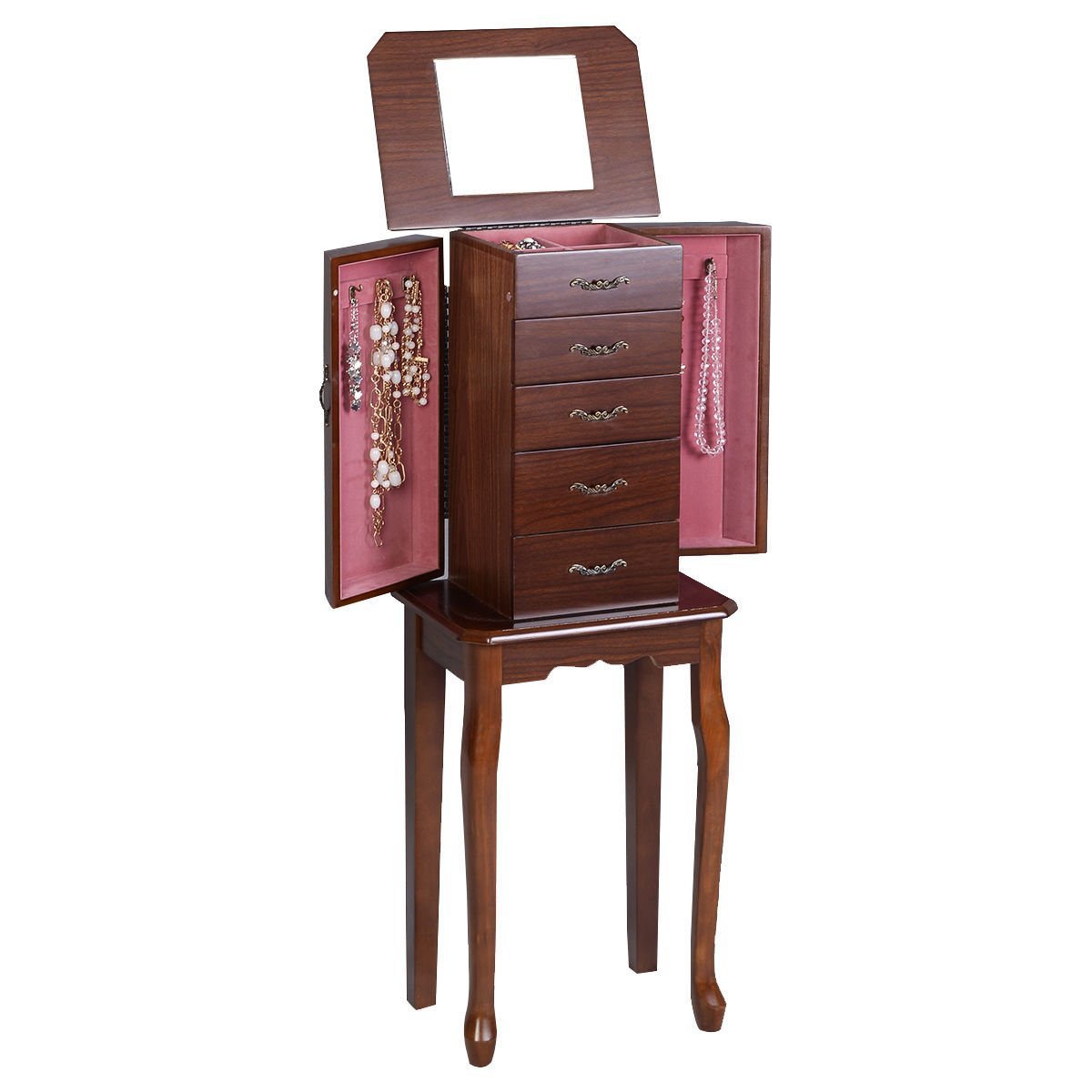 Giantex Standing Jewelry Cabinet Armoire with Flip Top Mirror - Jewelry Storage Organizer with 2 Side Doors for Necklaces & Accessories - Walnut Jewelry Box Chest for Women & Girls - Perfect for Bedroom, Closet & Dressing Room Organization