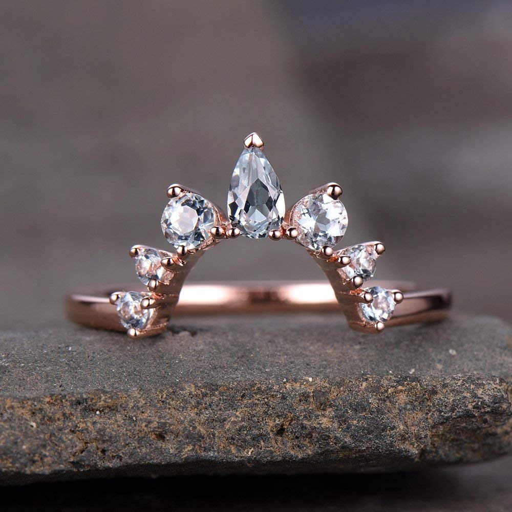 Elegant Aquamarine Crown Wedding Band - Rose Gold Plated Sterling Silver Chevron Stacking Ring for Women, Perfect for Bridal, Anniversary & Engagement Jewelry Gifts