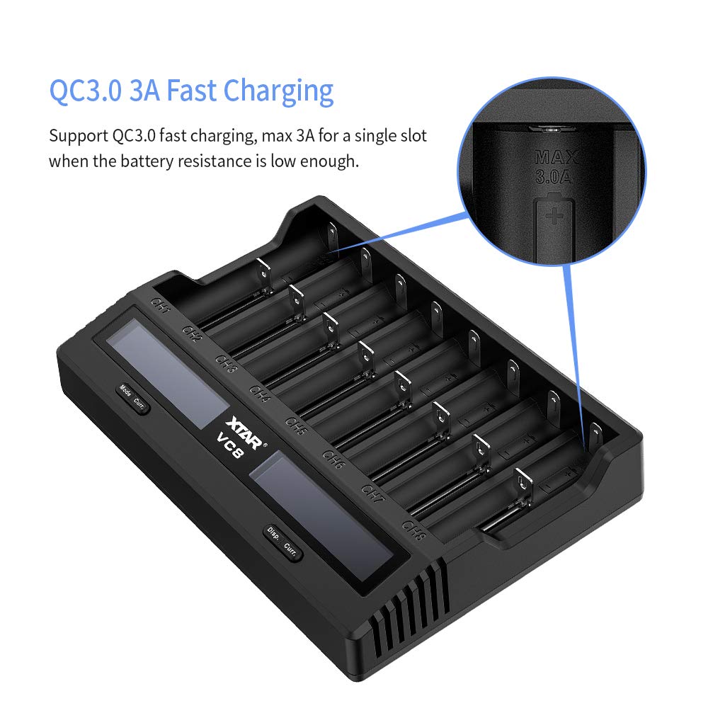 XTAR VC8 8-Bay USB C Battery Charger - 3A Fast Charging, LCD Display for 3.6V/3.7V Li-ion & 1.2V Ni-MH Batteries (Batteries Not Included) | Perfect for Vaping, Flashlights, and Electronic Devices