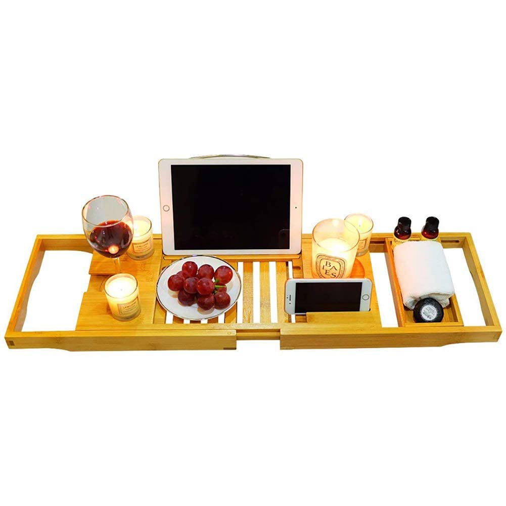 Premium Bamboo Bathtub Caddy Tray with Extendable Sides - Adjustable Book Holder, Tablet Stand, Phone Slot & Wine Glass Holder - Perfect for Relaxing Baths, Reading & Spa Nights