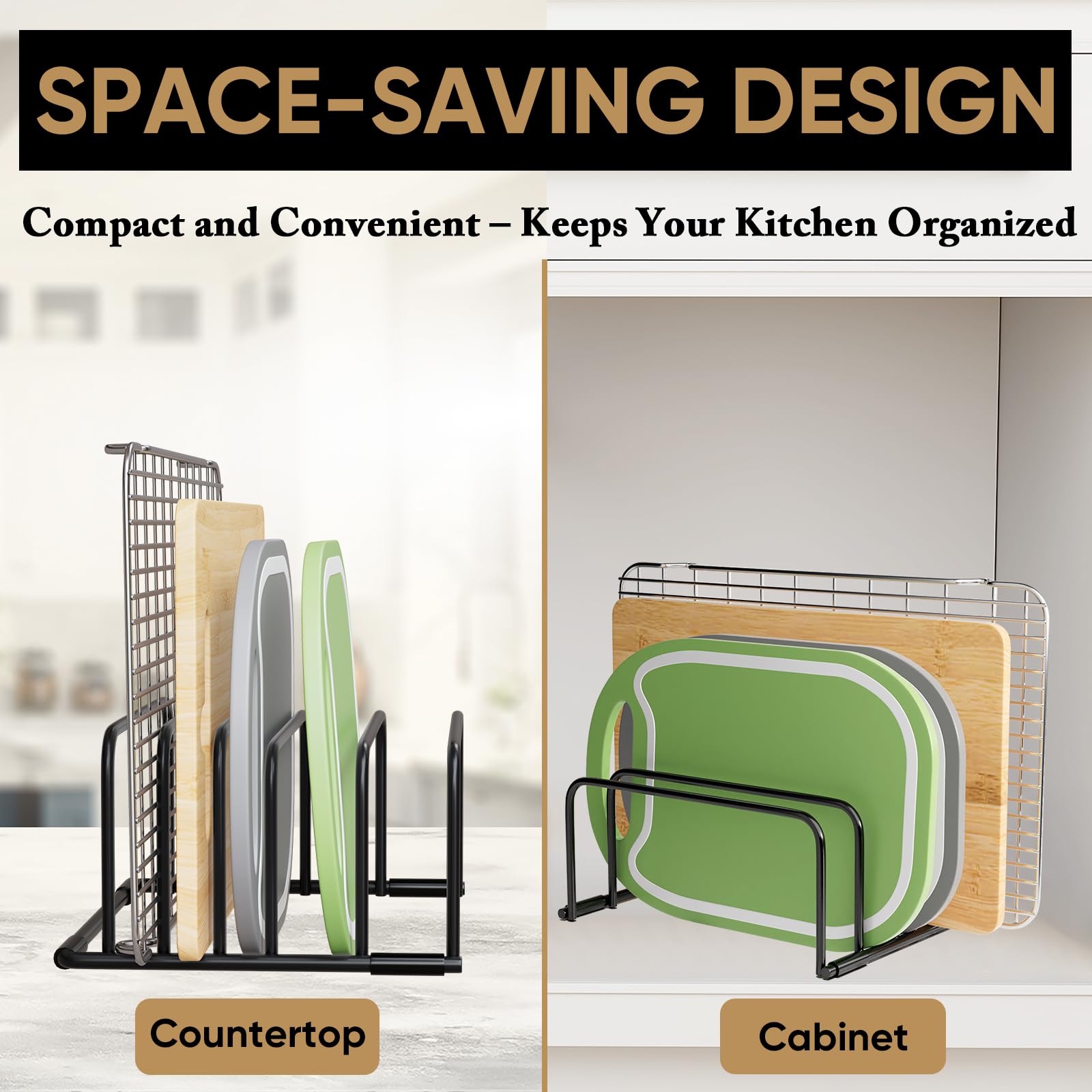 Premium Heavy-Duty Cutting Board Organizer Rack - Space Saving Iron Wire Holder for Cutting Boards & Trays (Black, 1 Pack) - Perfect for Kitchen Organization & Countertop Storage