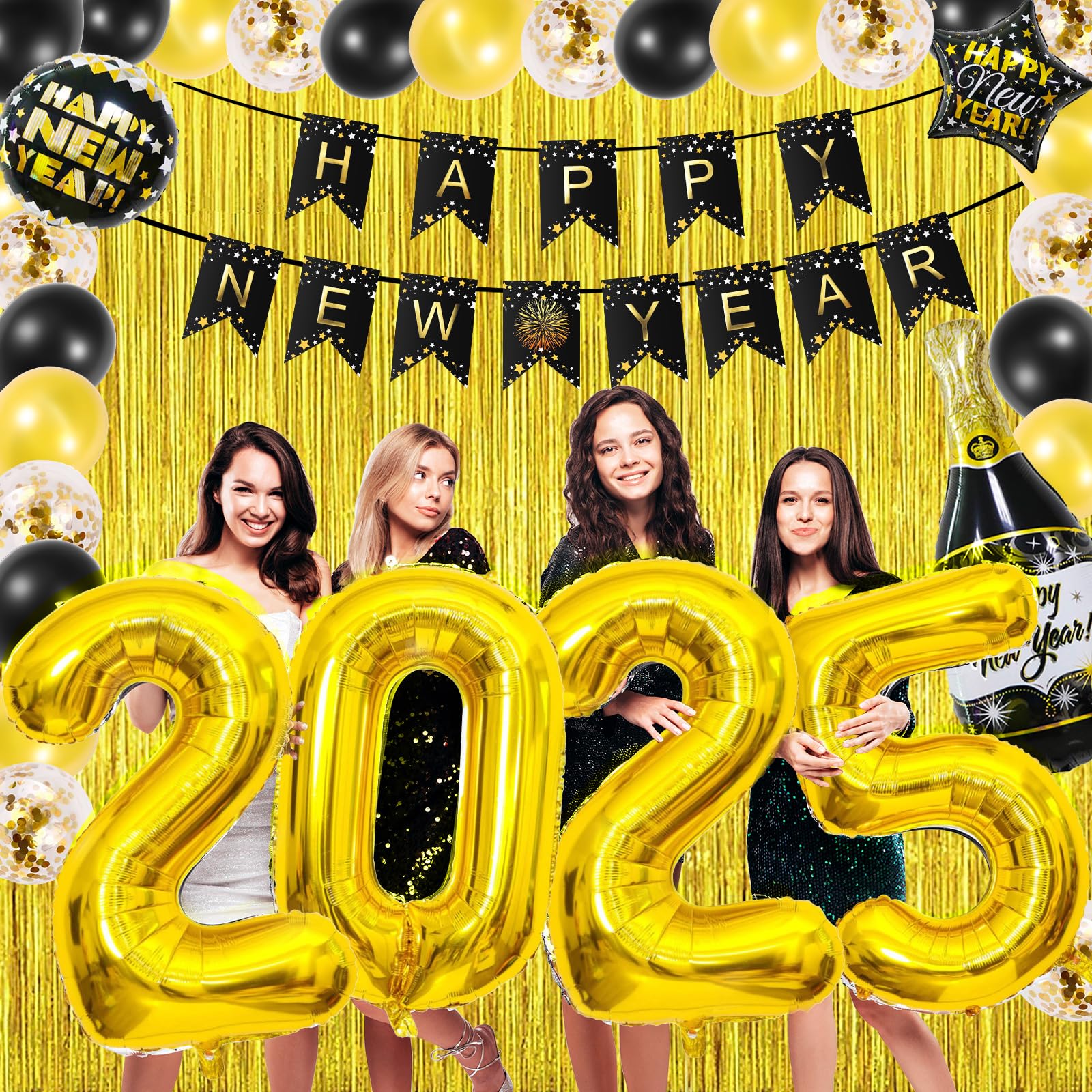 2025 New Year's Eve Party Decorations - Black & Gold NYE Party Supplies for Countdown & Celebration | Happy New Year 2025 Decor for Home, Office & Ballroom Parties