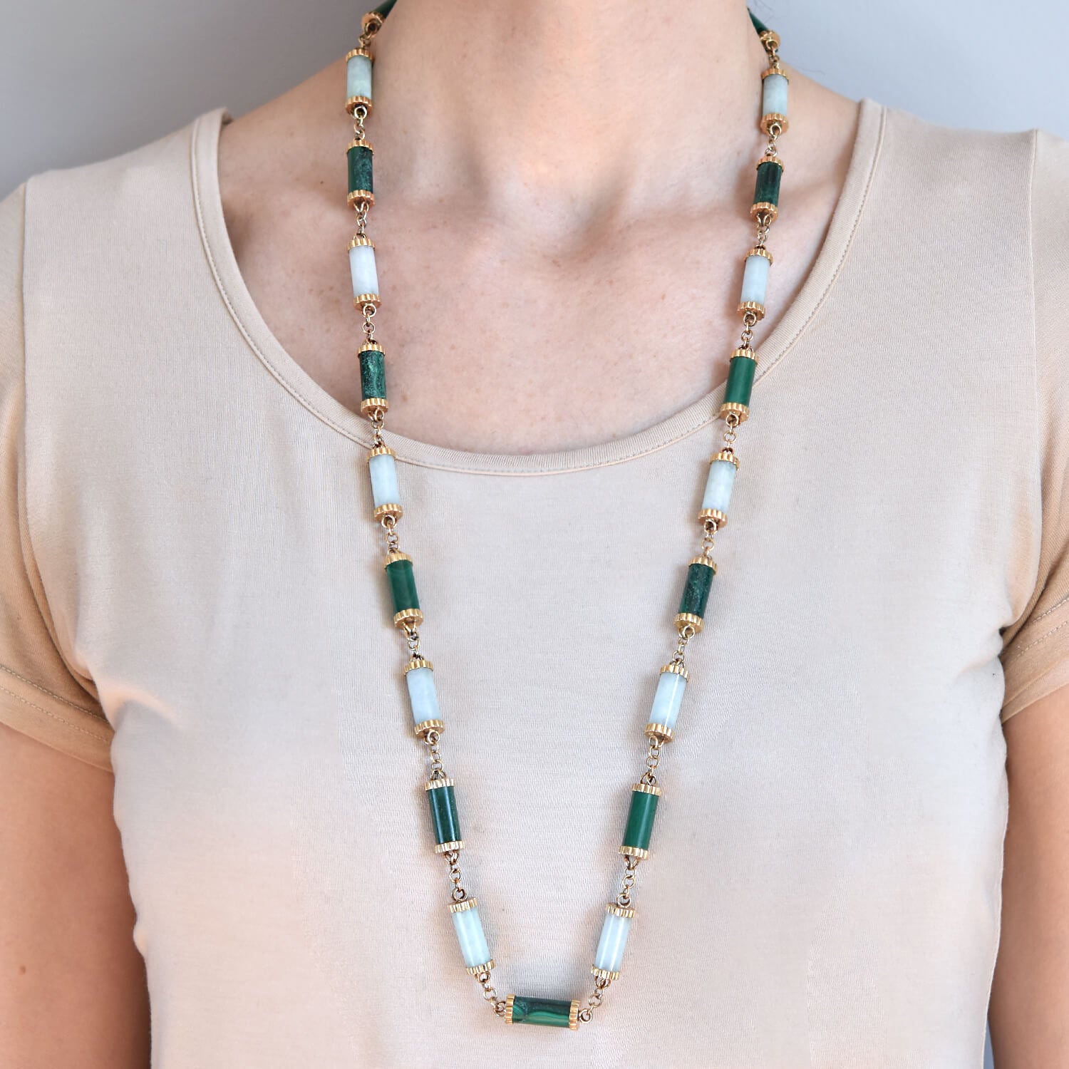 Vintage 14K Gold Nephrite Jade & Malachite Beaded Link Necklace - 35 Inch Elegant Statement Jewelry for Women, Perfect for Weddings, Parties and Special Occasions