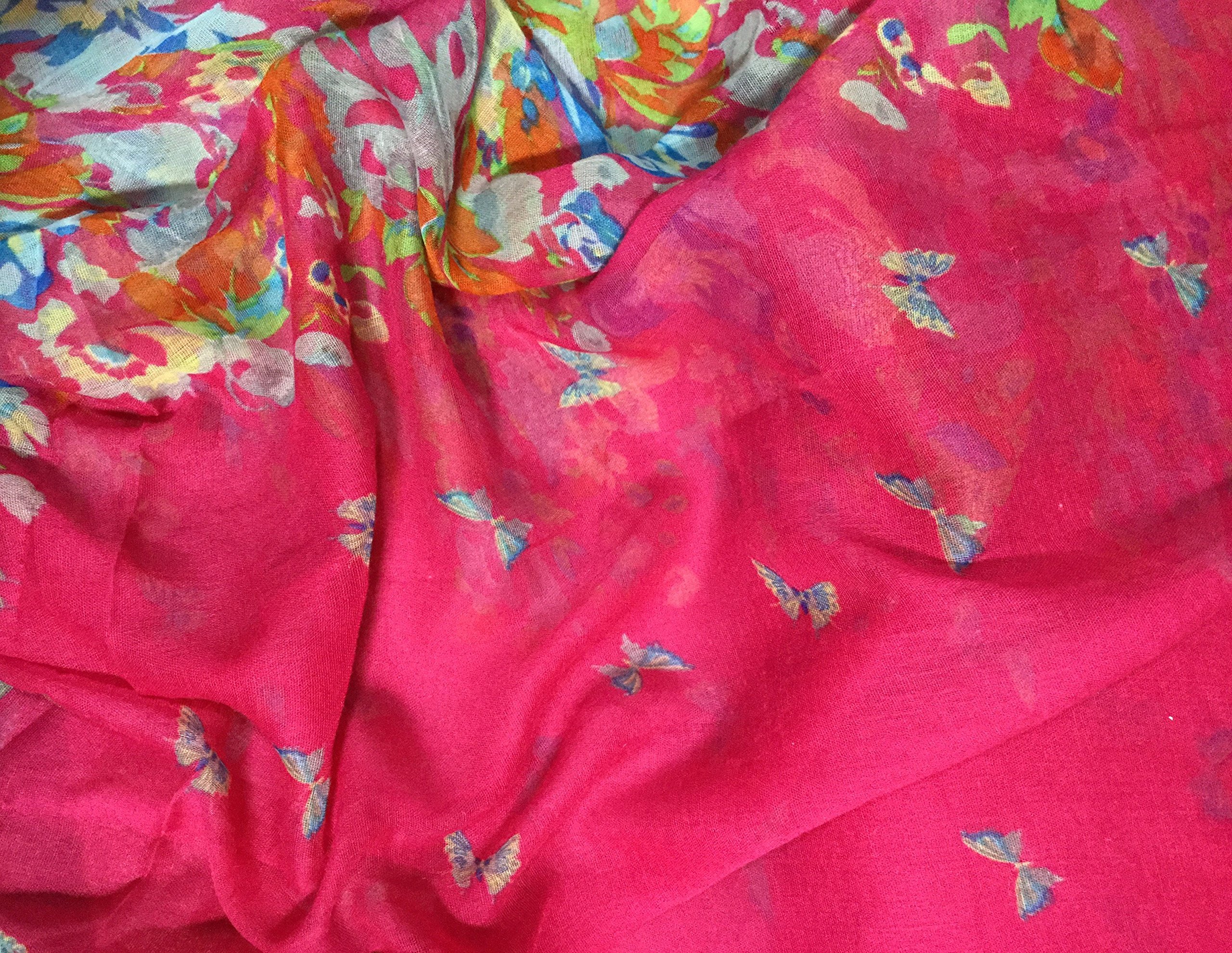 Fuchsia Pink Butterfly Floral Scarf - Lightweight Polyester Gauze Voile Shawl for Women - Perfect for Spring Outfits, Beach Cover-ups & Boho Fashion