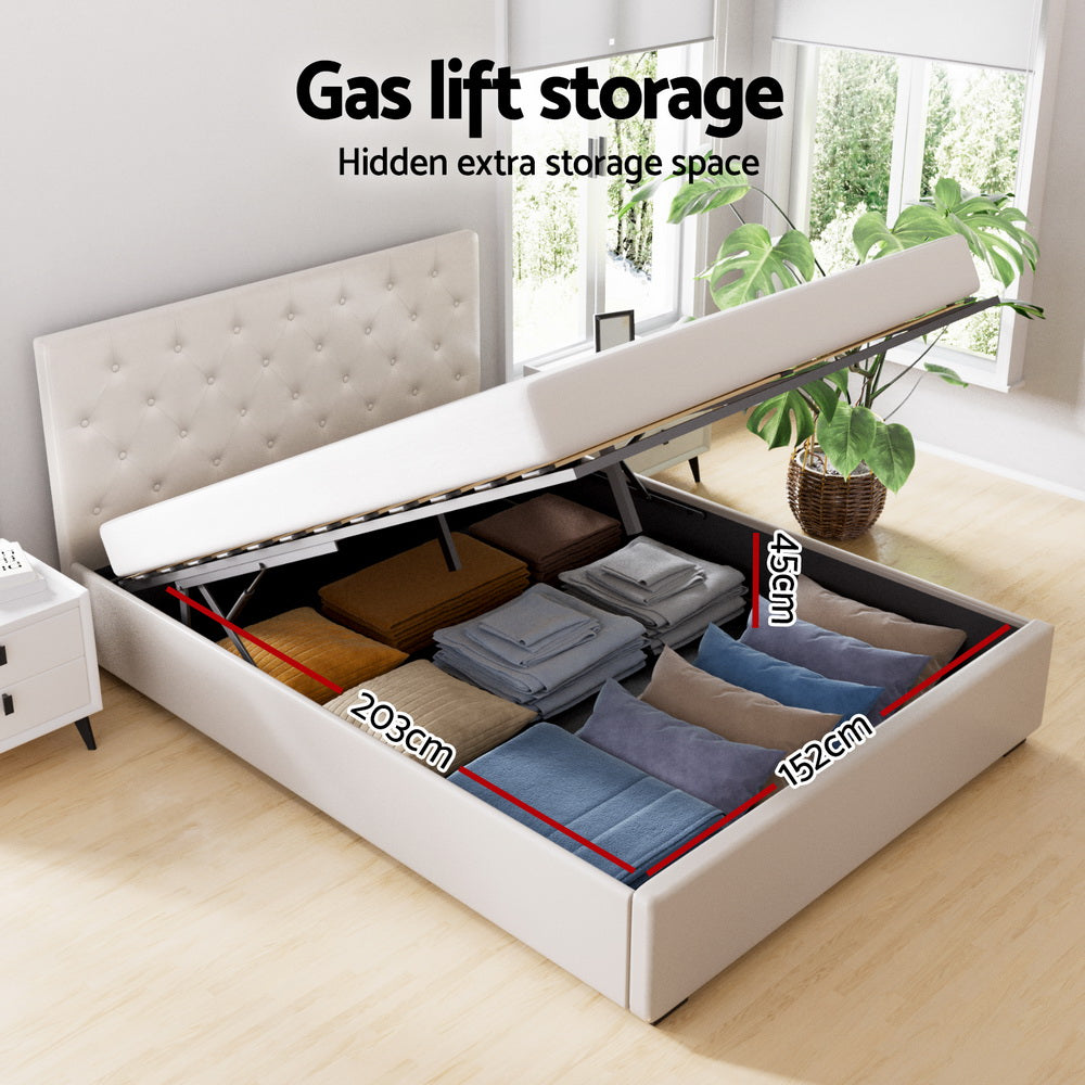 Dorilla Gas Lift Storage Queen Bed Frame with Hydraulic System - Beige Upholstered Platform Bed for Small Spaces, Guest Rooms & Apartments