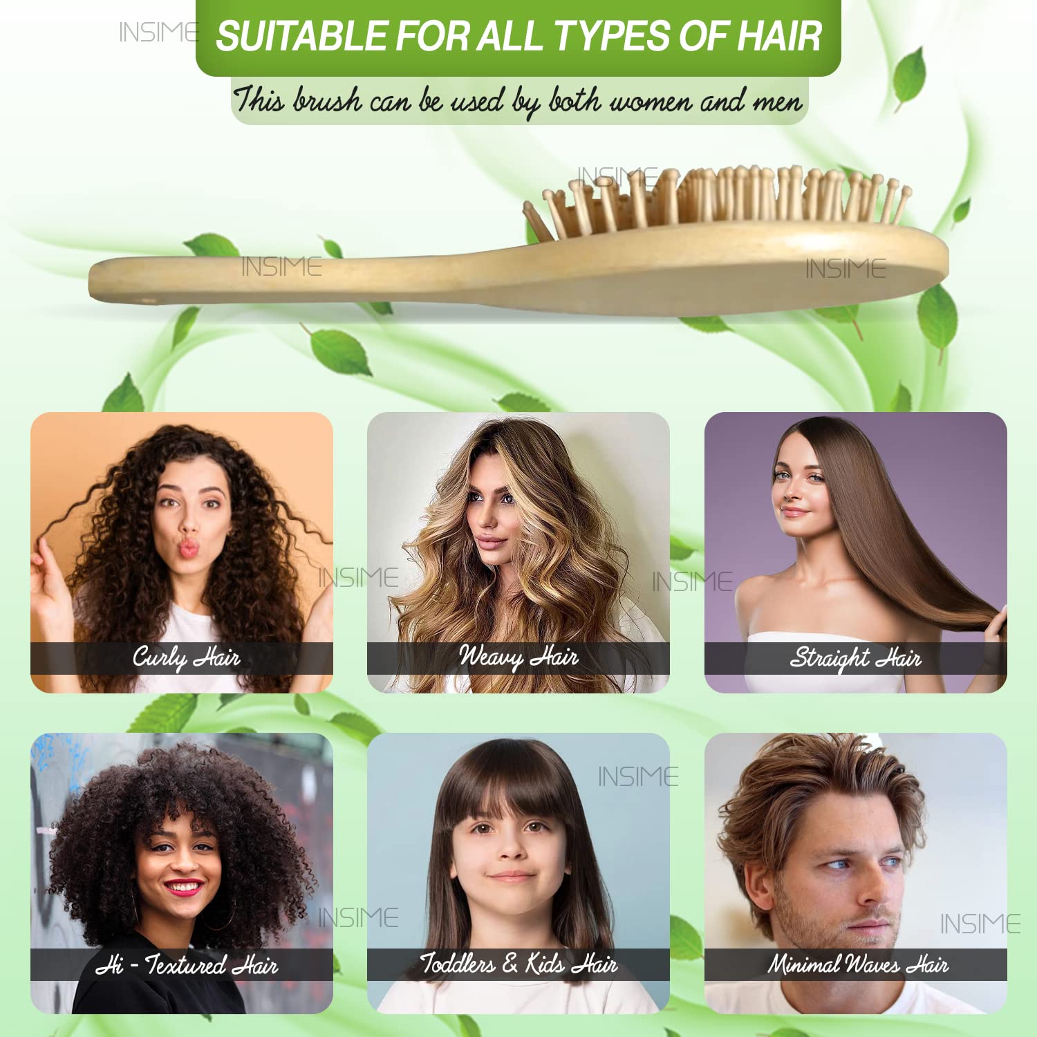 INSIME Bamboo Wooden Hair Brush for Women & Men - Hair Growth & Styling for Curly Hair at Home & Travel